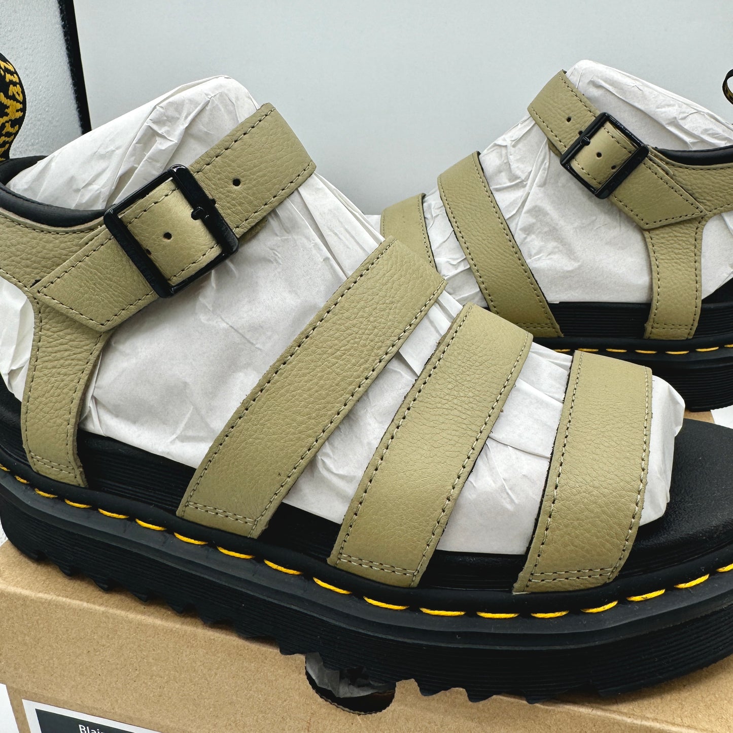 Dr. Martens Blaire Hydro Leather Platform Strappy Sandals in Pisa Pale Olive