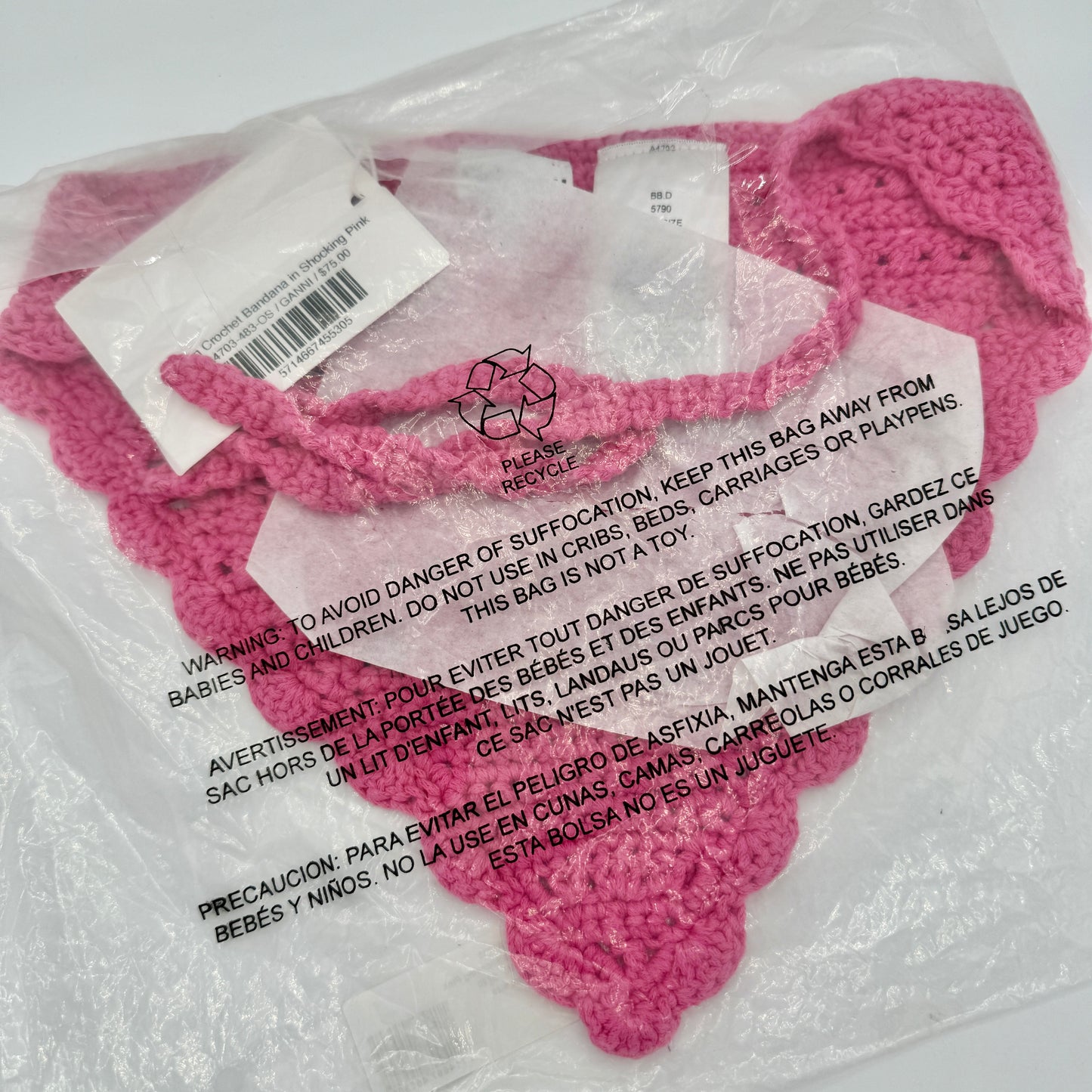 Ganni Pink Crochet Knit Bandana Shocking Pink Logo