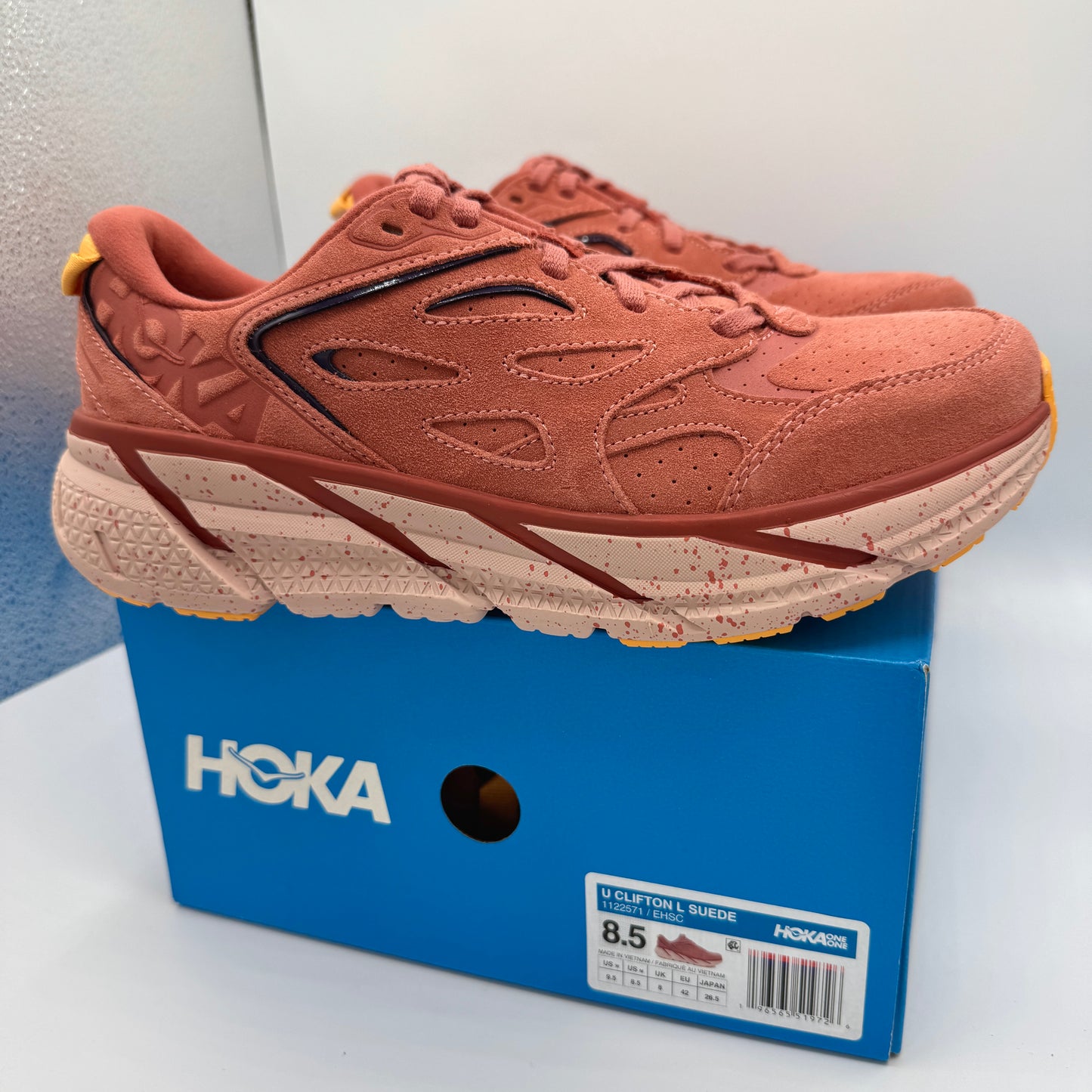 Hoka Clifton L Suede in Earthenware/ Hot Sauce Red Unisex Leather Sneakers