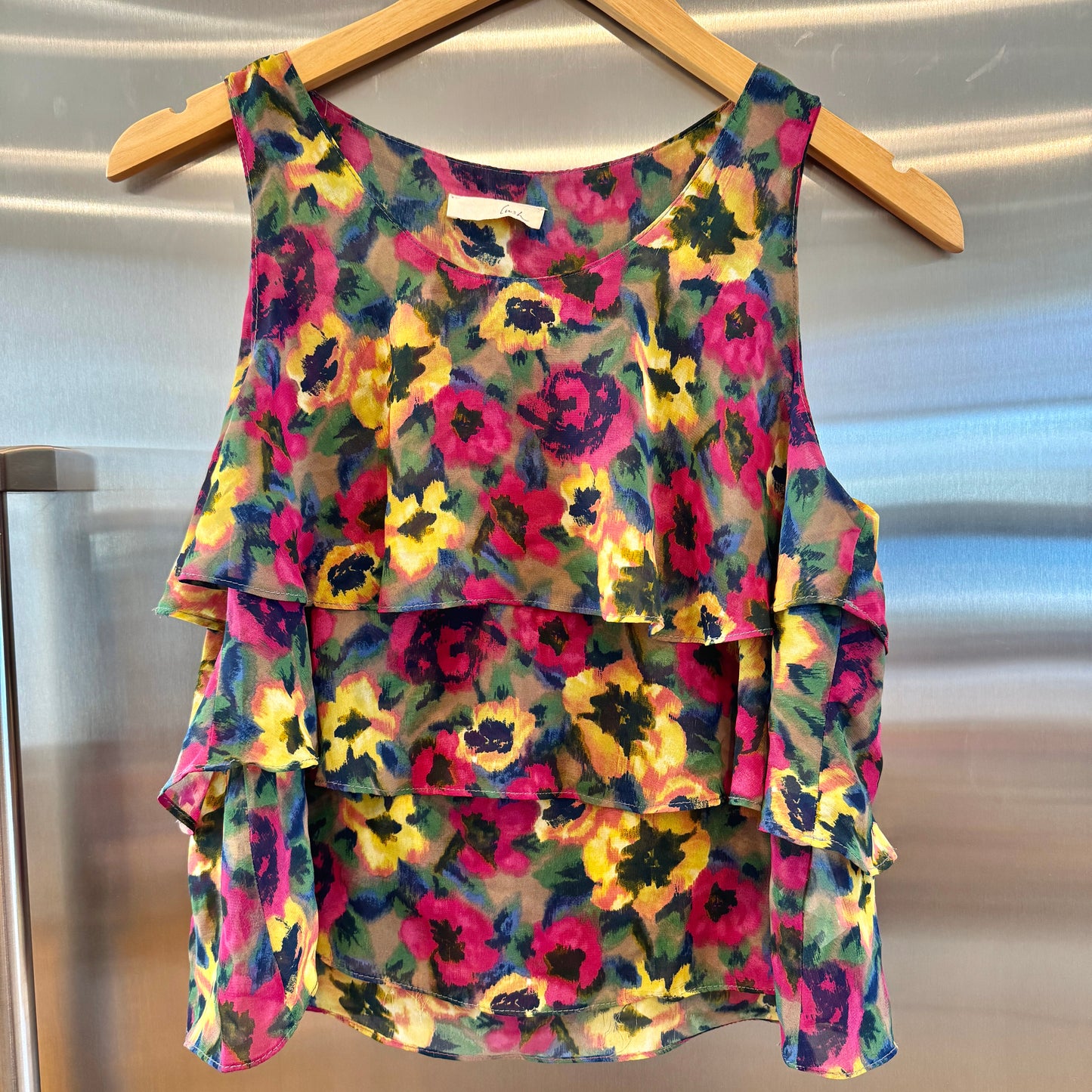 Lush Floral Ruffle Tiered Tank Top Polyester Chiffon Flower Multicolor * Pre-Owned