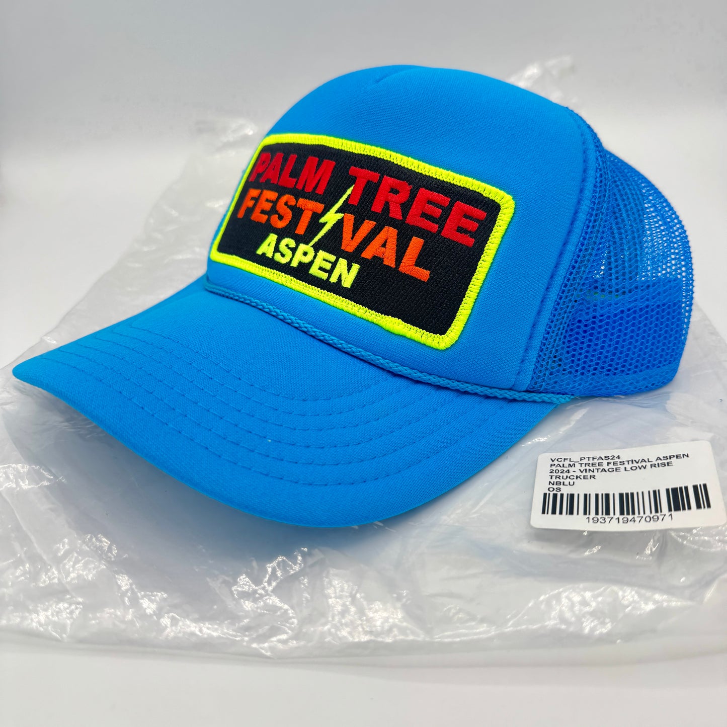 Aviator Nation Palm Tree Festival Aspen Trucker Hat in Neon Blue