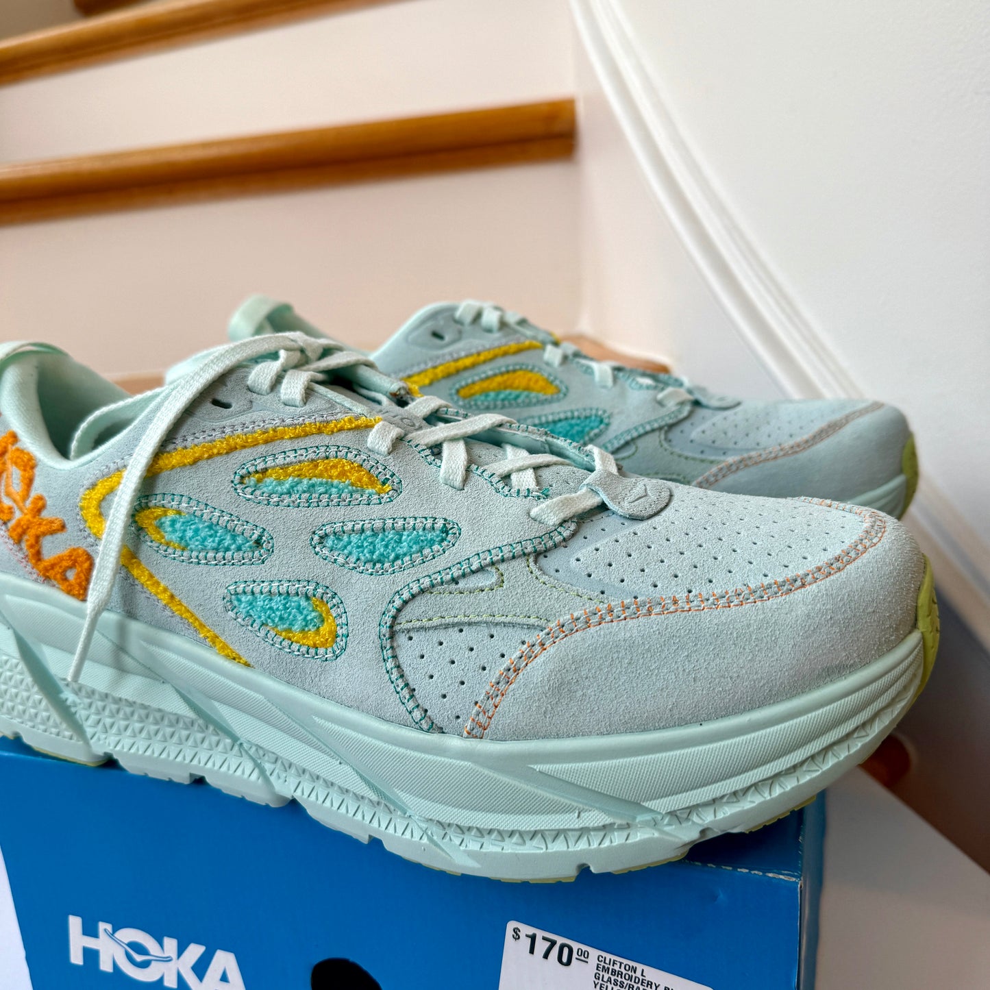 Hoka One One Clifton L Embroidery UNISEX Shoes Leather blue glass yellow