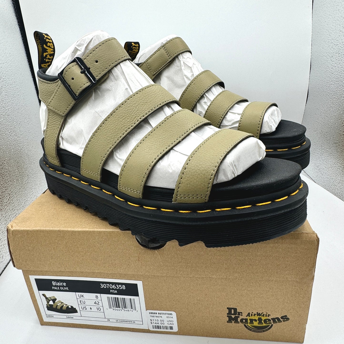 Dr. Martens Blaire Hydro Leather Platform Strappy Sandals in Pisa Pale Olive