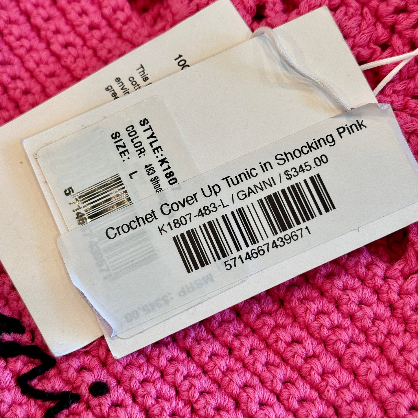 Ganni Pink Crochet Knit Coverup Mini Dress in Shocking Pink Embroidered Logo