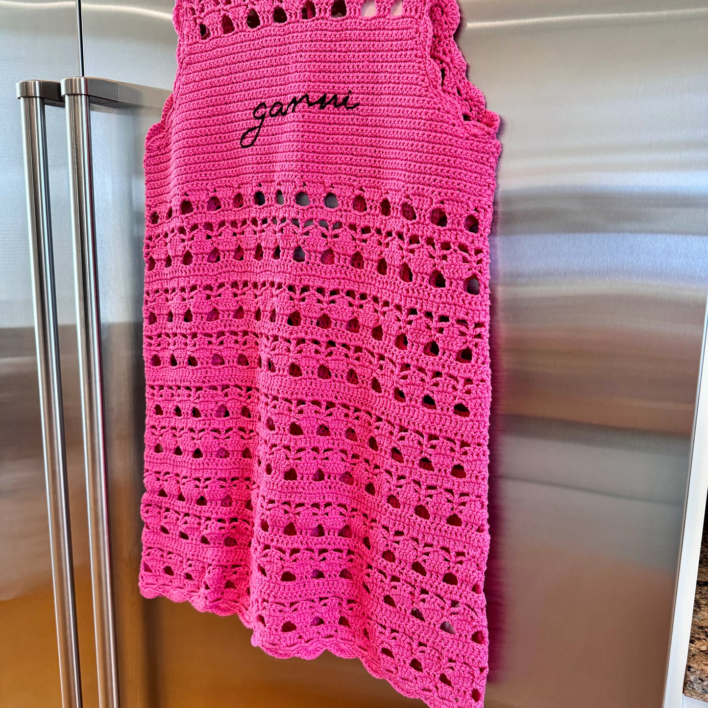 Ganni Pink Crochet Knit Coverup Mini Dress in Shocking Pink Embroidered Logo