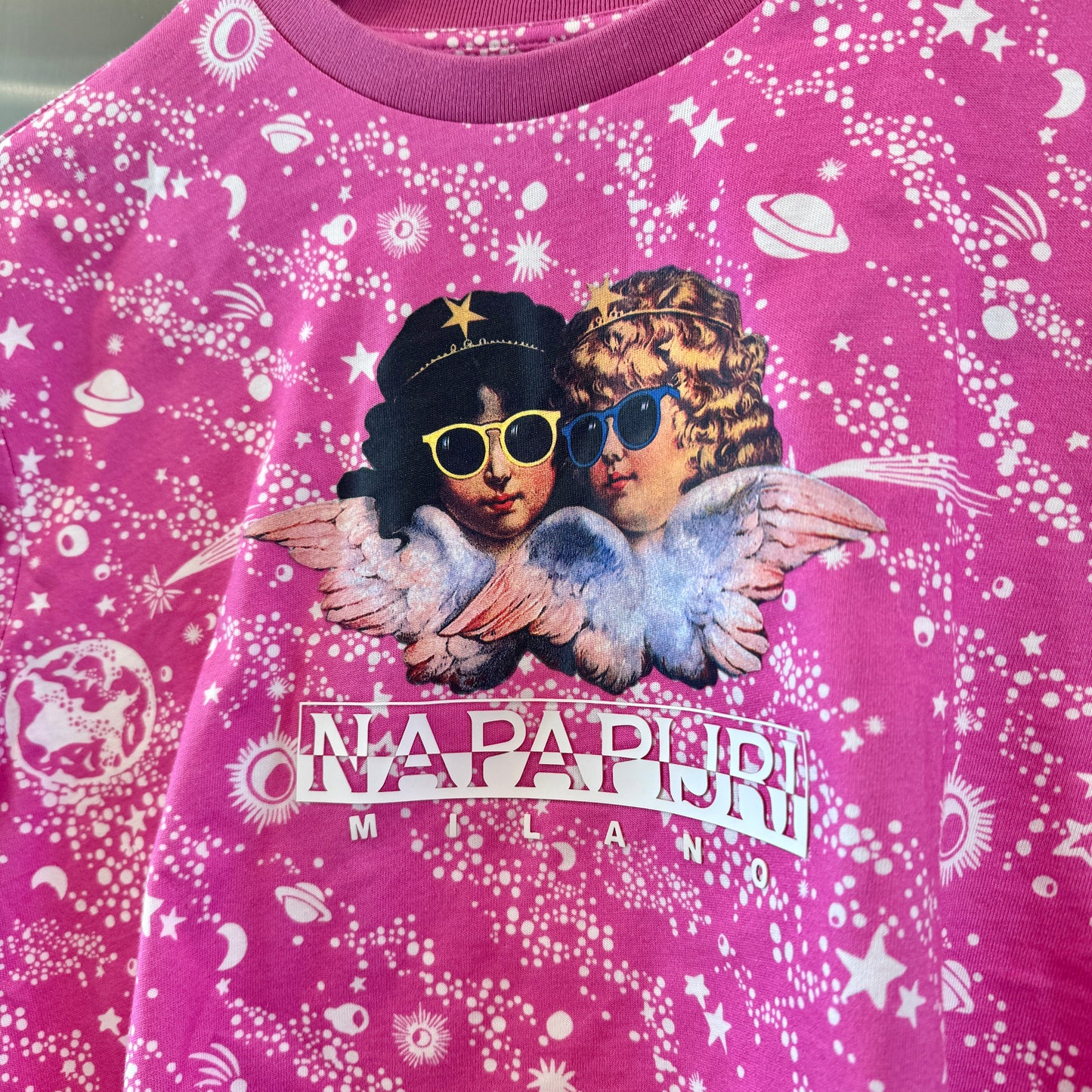 Fiorucci Napapijri Pink Logo Cropped Top Collab Shirt Galaxy Stars Cupids