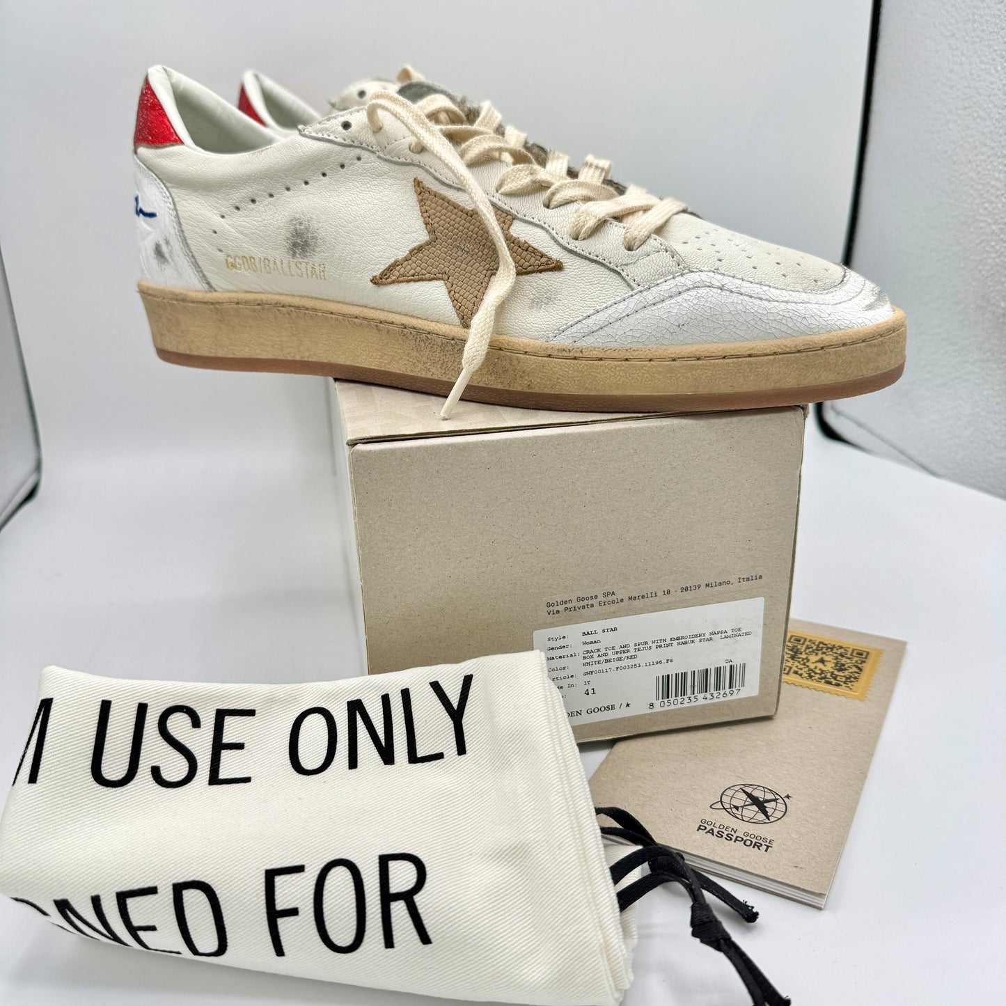 Golden Goose Ballstar Women’s sneakers white red beige leather distressed