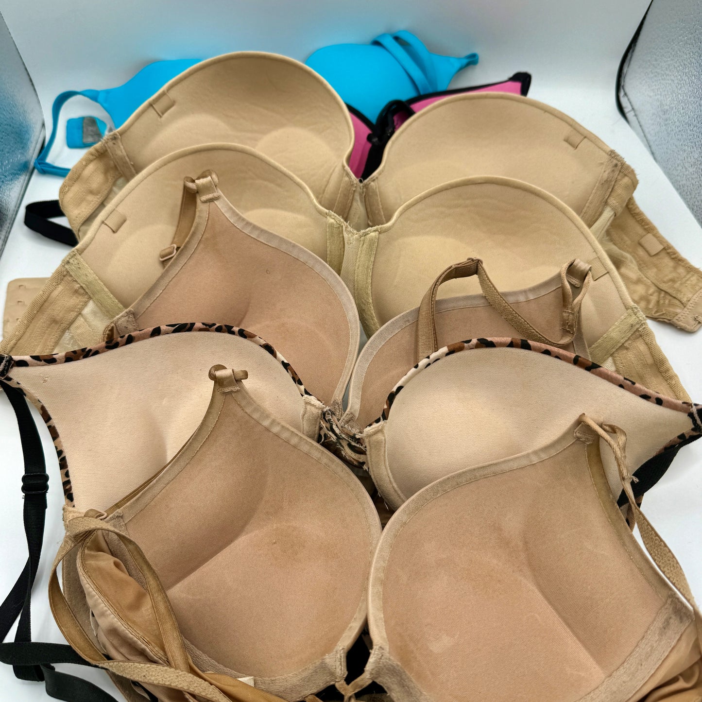 Bundle of 7 Various Preowned bras. Nude, push up, Bombshell add 2 cups