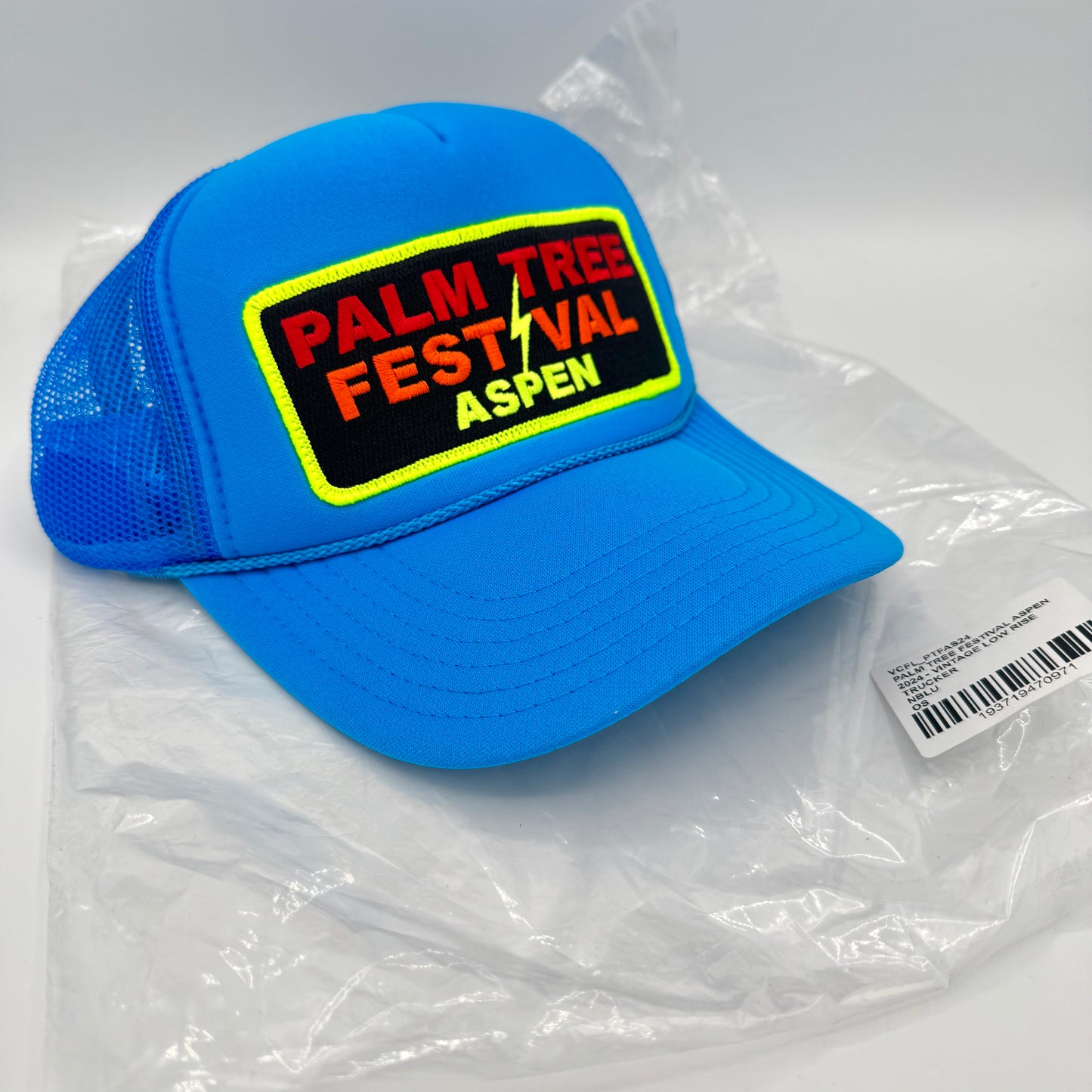 Aviator Nation Palm Tree Festival Aspen Trucker Hat in Neon Blue