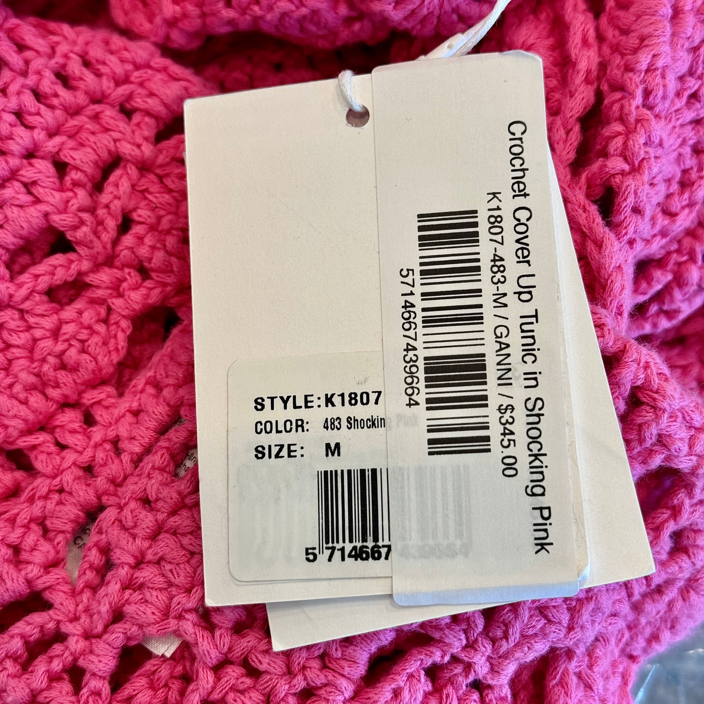 Ganni Pink Crochet Knit Coverup Mini Dress in Shocking Pink Embroidered Logo