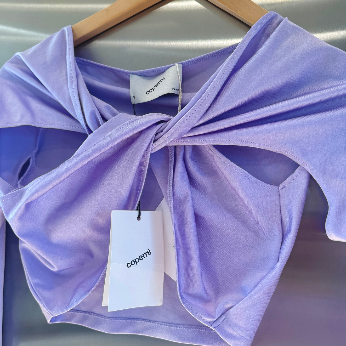 Coperni Lilac Light Purple Twist Cutout Cropped Draped Top Long Sleeve Crop
