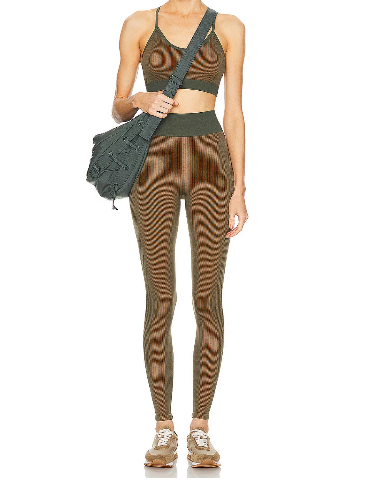 The Upside SET Seamless Ballet Bra and Ribbed Leggings in Khaki