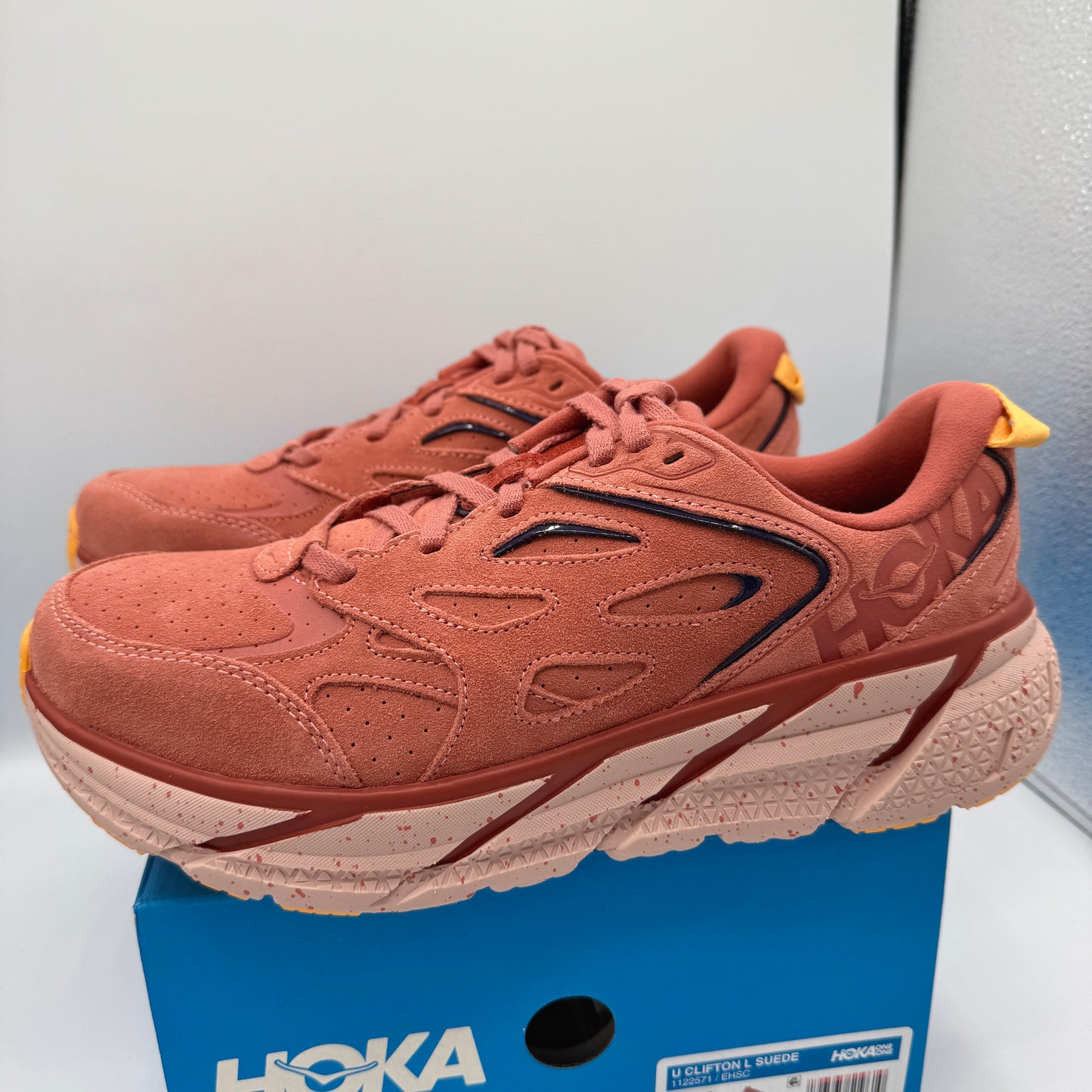 Hoka Clifton L Suede in Earthenware/ Hot Sauce Red Unisex Leather Sneakers