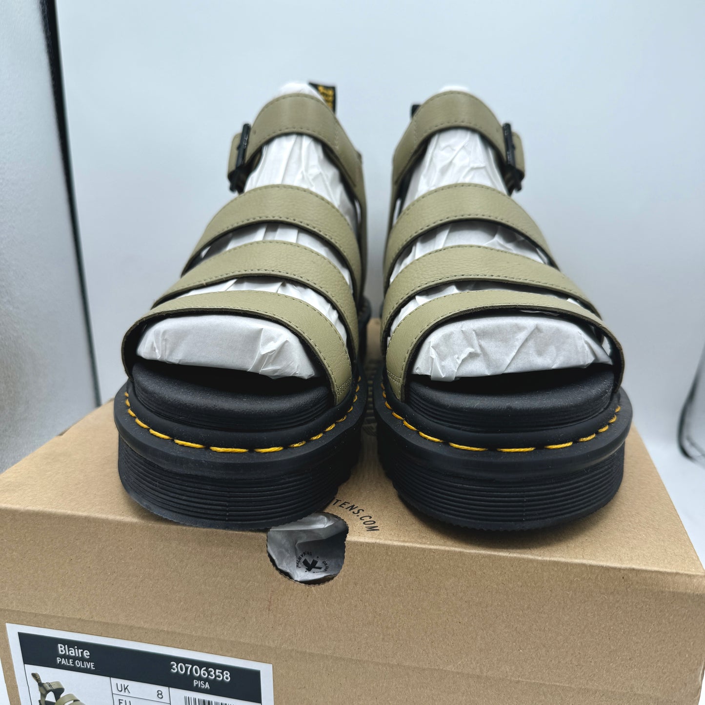 Dr. Martens Blaire Hydro Leather Platform Strappy Sandals in Pisa Pale Olive