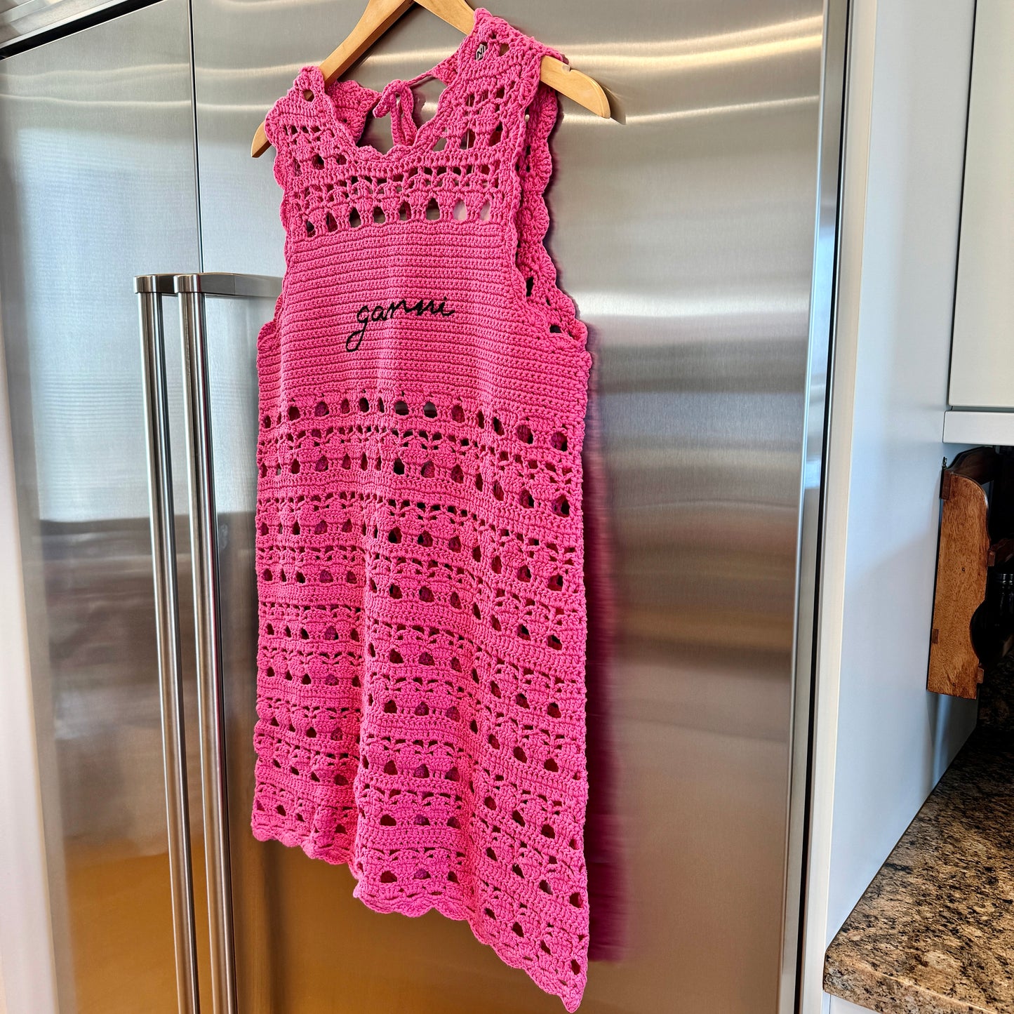 Ganni Pink Crochet Knit Coverup Mini Dress in Shocking Pink Embroidered Logo