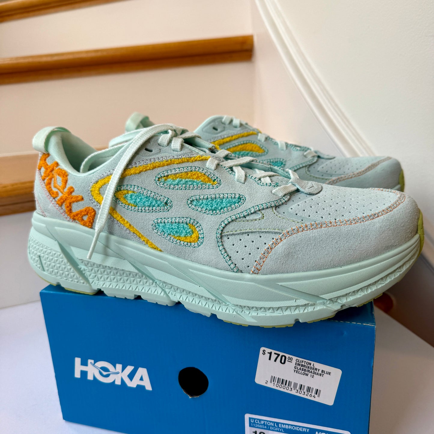 Hoka One One Clifton L Embroidery UNISEX Shoes Leather blue glass yellow
