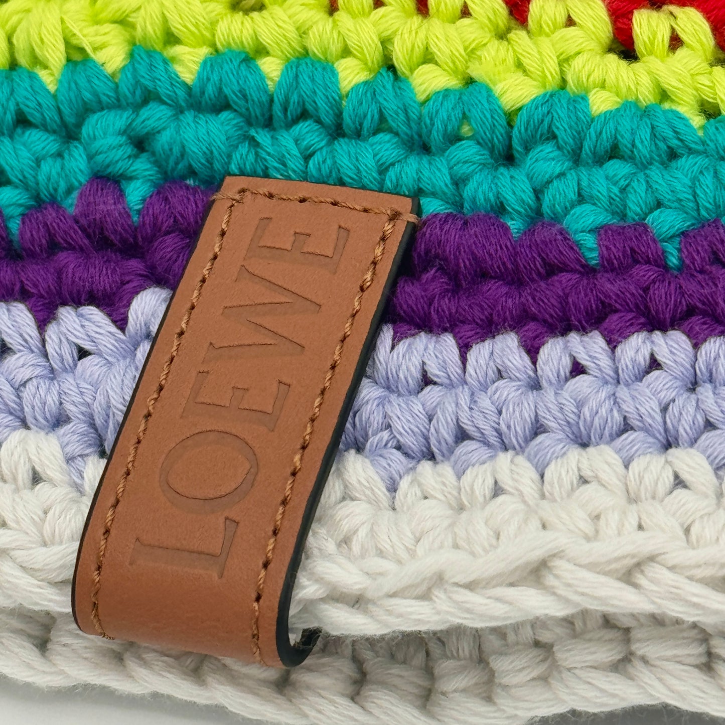 Loewe Hat Crochet Cotton Multicolor with embossed calfskin leather logo NEW