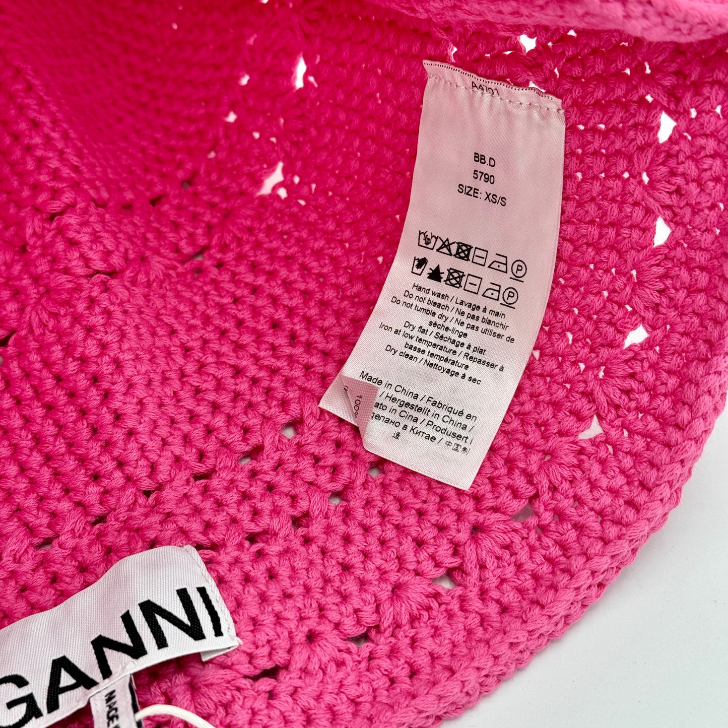 Ganni Crochet Knit Bucket Hat Shocking Pink Logo