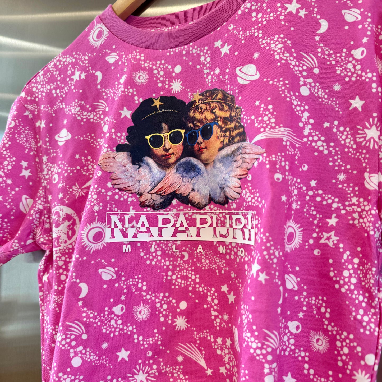 Fiorucci Napapijri Pink Logo Cropped Top Collab Shirt Galaxy Stars Cupids