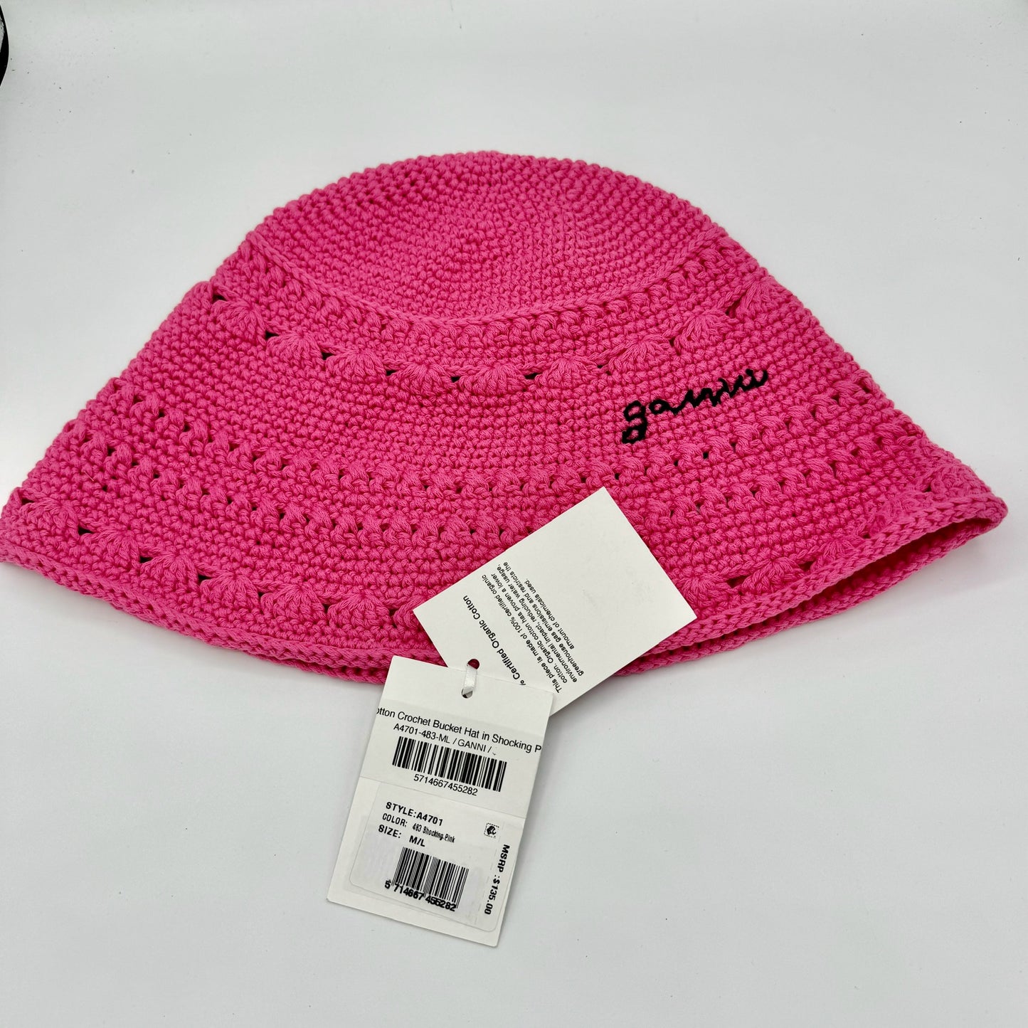 Ganni Crochet Knit Bucket Hat Shocking Pink Logo