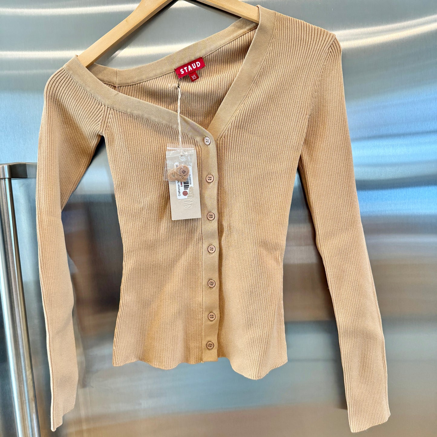 Staud Craftsman Sweater Camel Tan Beige Off Shoulder