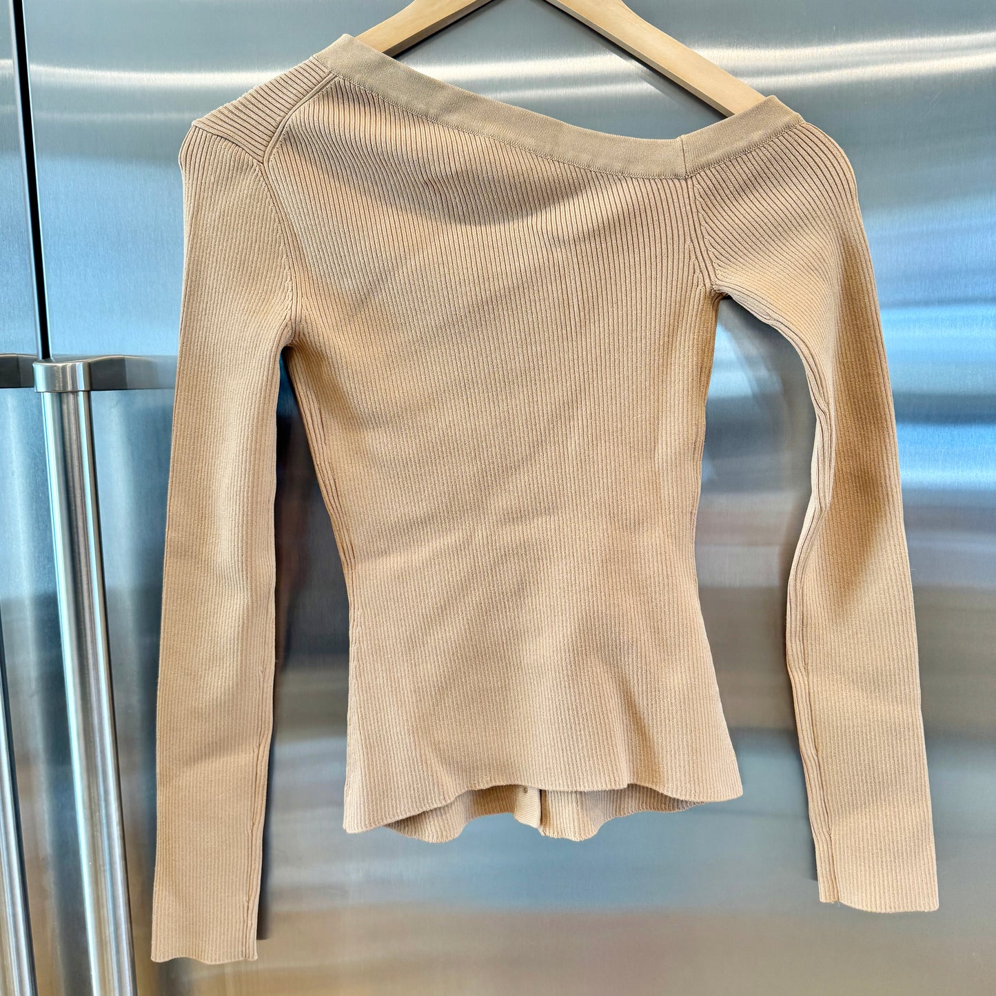 Staud Craftsman Sweater Camel Tan Beige Off Shoulder