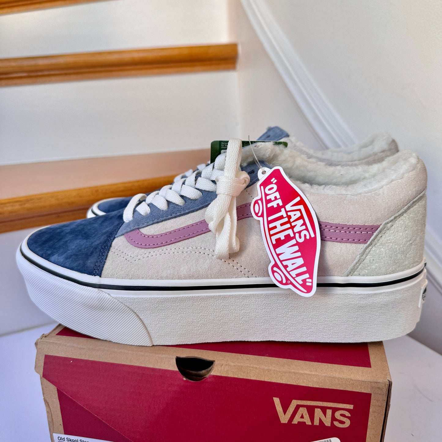 Vans Old Skool Stackform Platform Pig Suede Sherpa Pink Blue Multi Sneakers