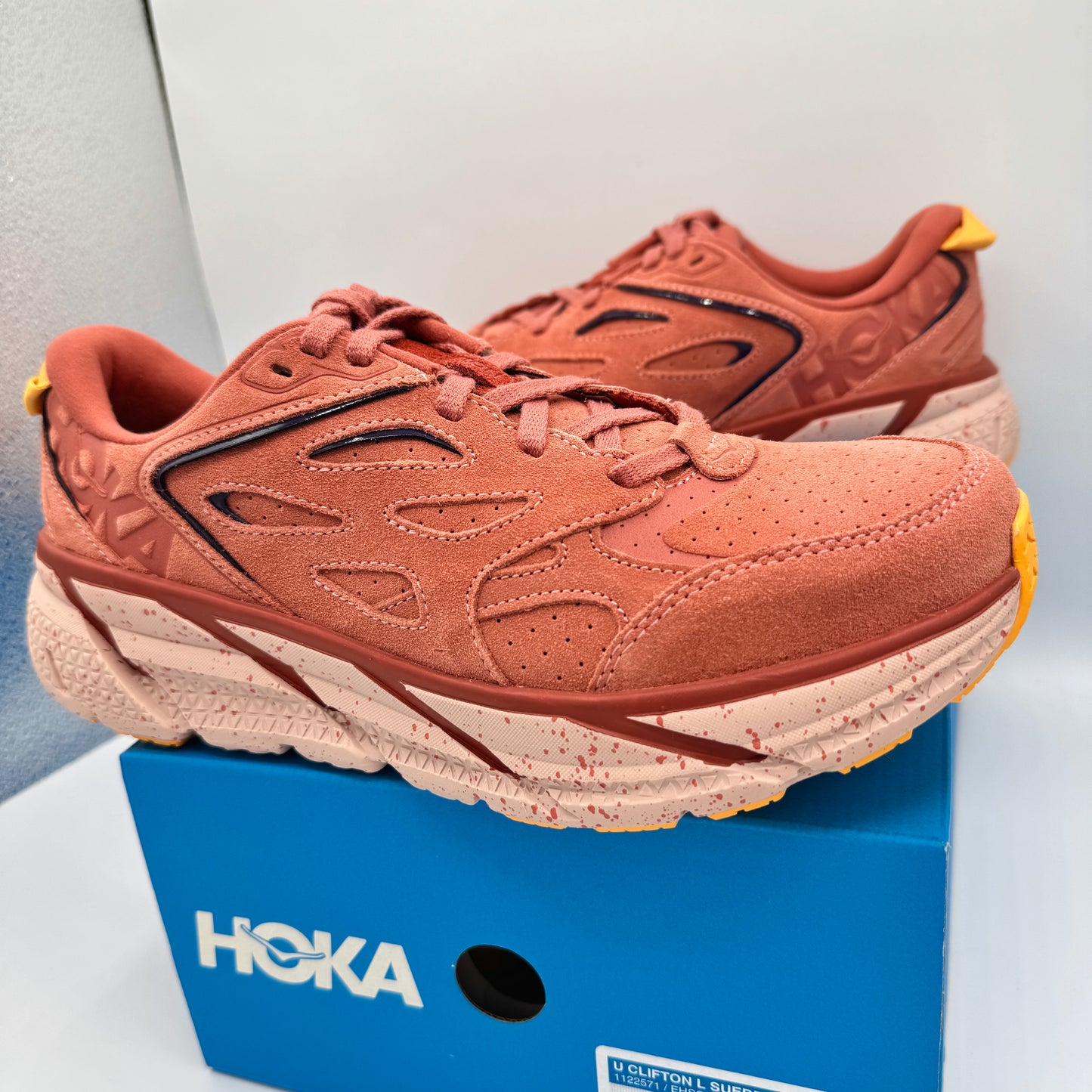 Hoka Clifton L Suede in Earthenware/ Hot Sauce Red Unisex Leather Sneakers