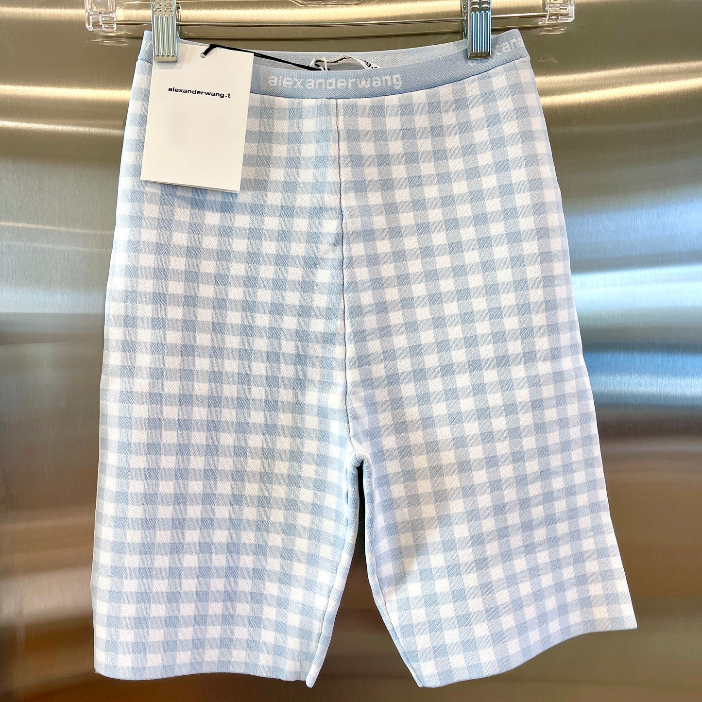 Alexander Wang T Gingham Body-con Bike Shorts Logo Jacquard Woven Blue