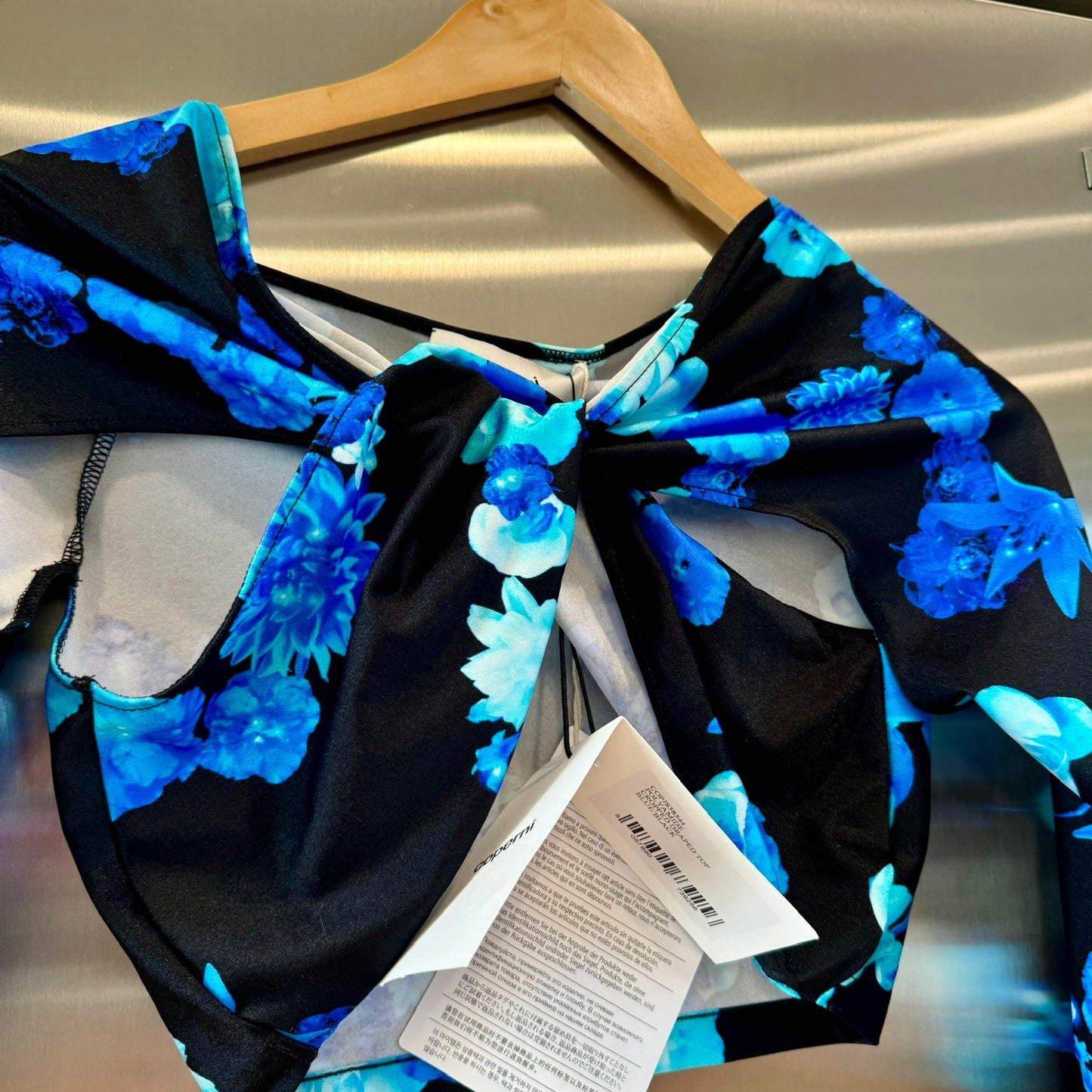 Coperni Twist Cutout Cropped Draped Top Long Sleeve Crop in Black / Blue Flowers