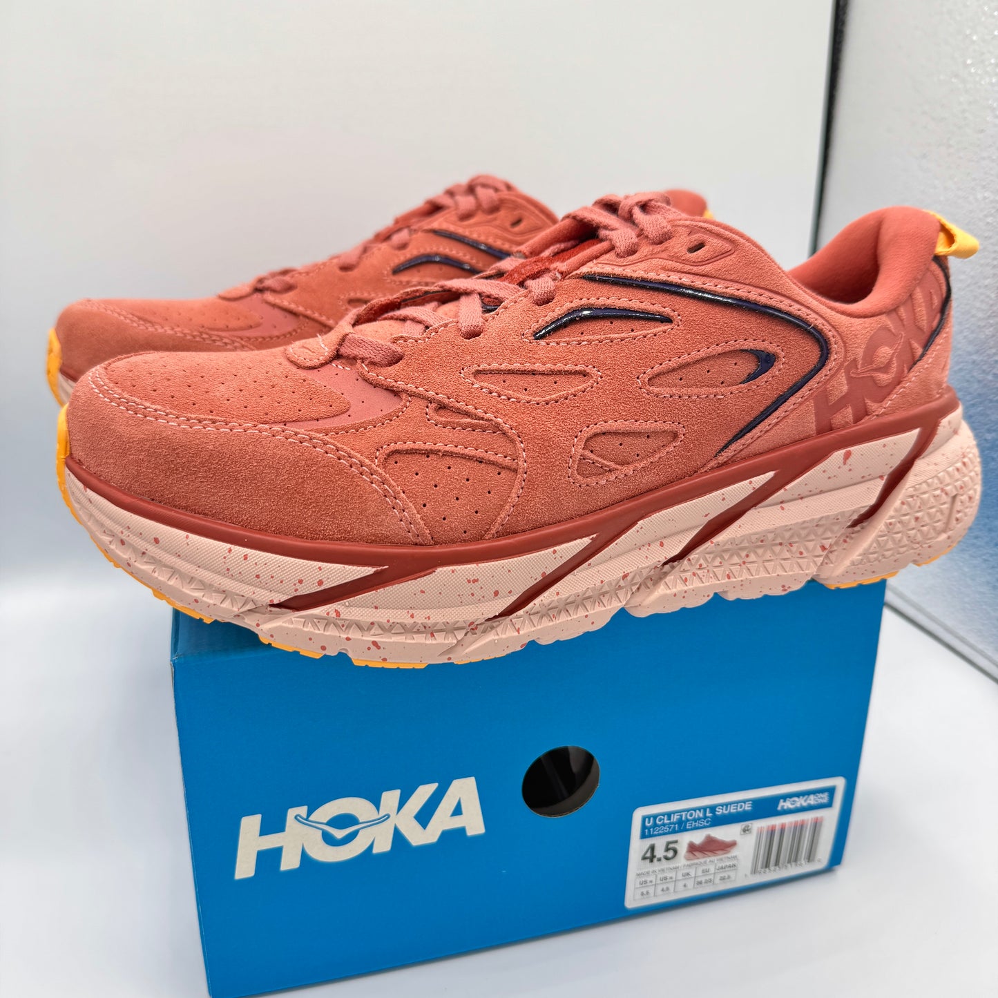 Hoka Clifton L Suede in Earthenware/ Hot Sauce Red Unisex Leather Sneakers