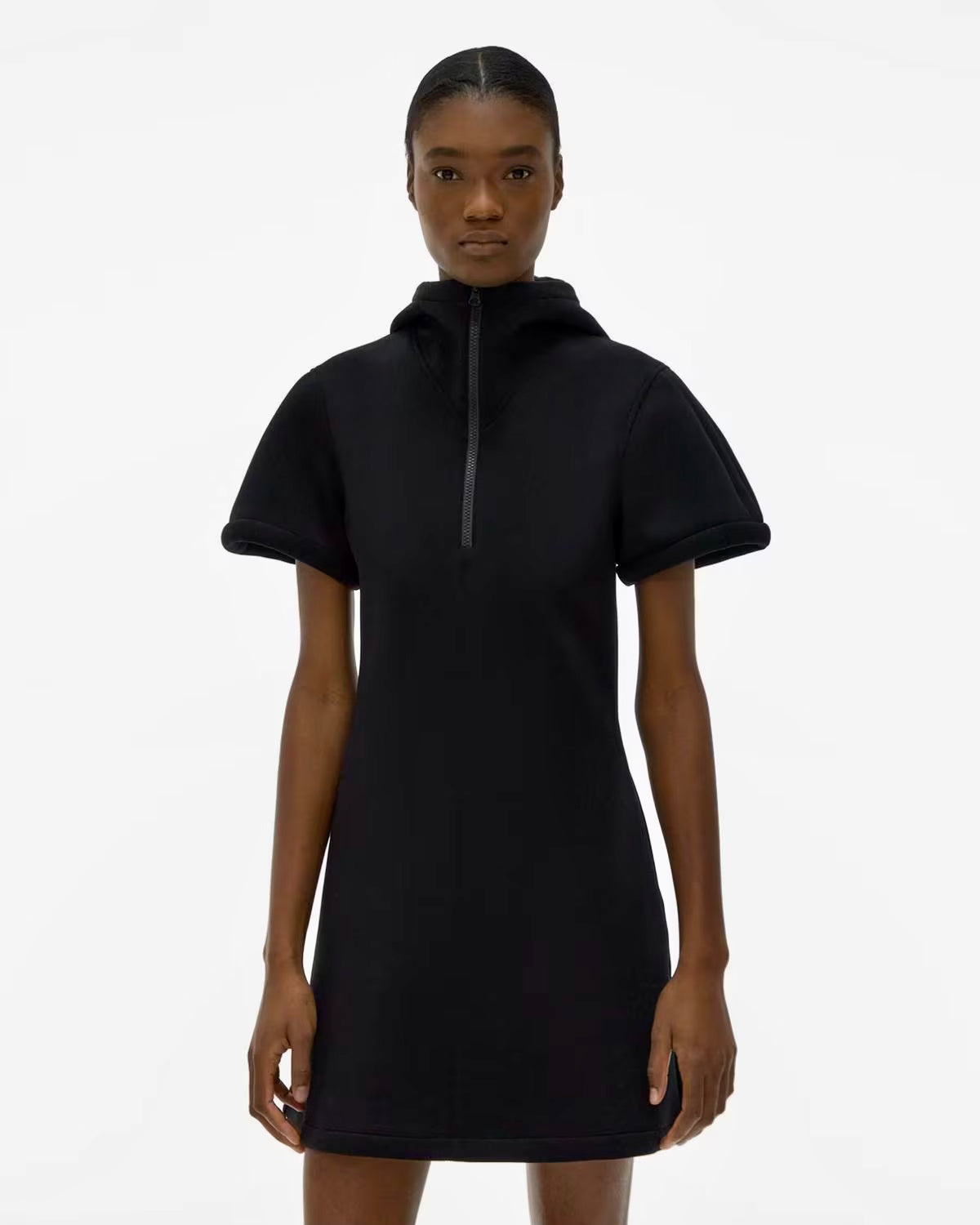 Helmut Lang Neoprene Hooded Mini Dress Black Hooded Zip up with pockets