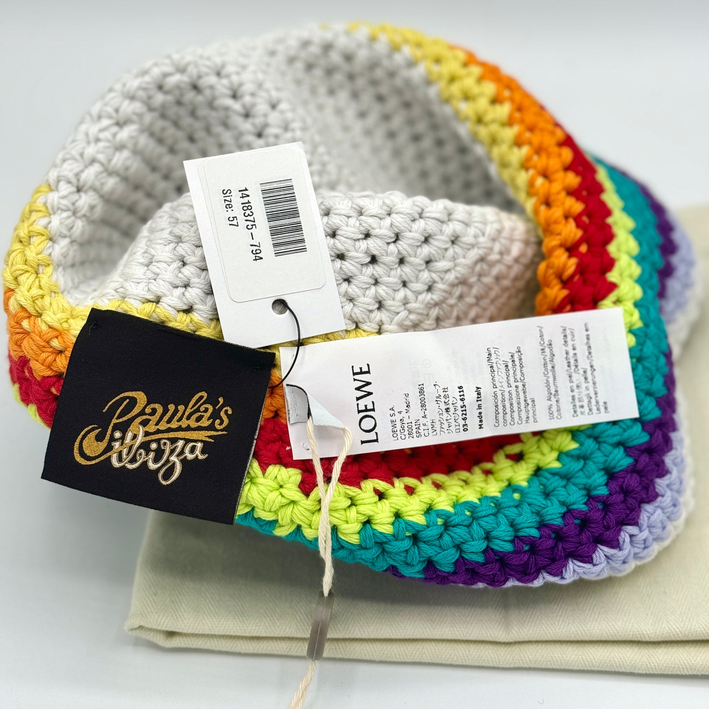 Loewe Hat Crochet Cotton Multicolor with embossed calfskin leather logo NEW