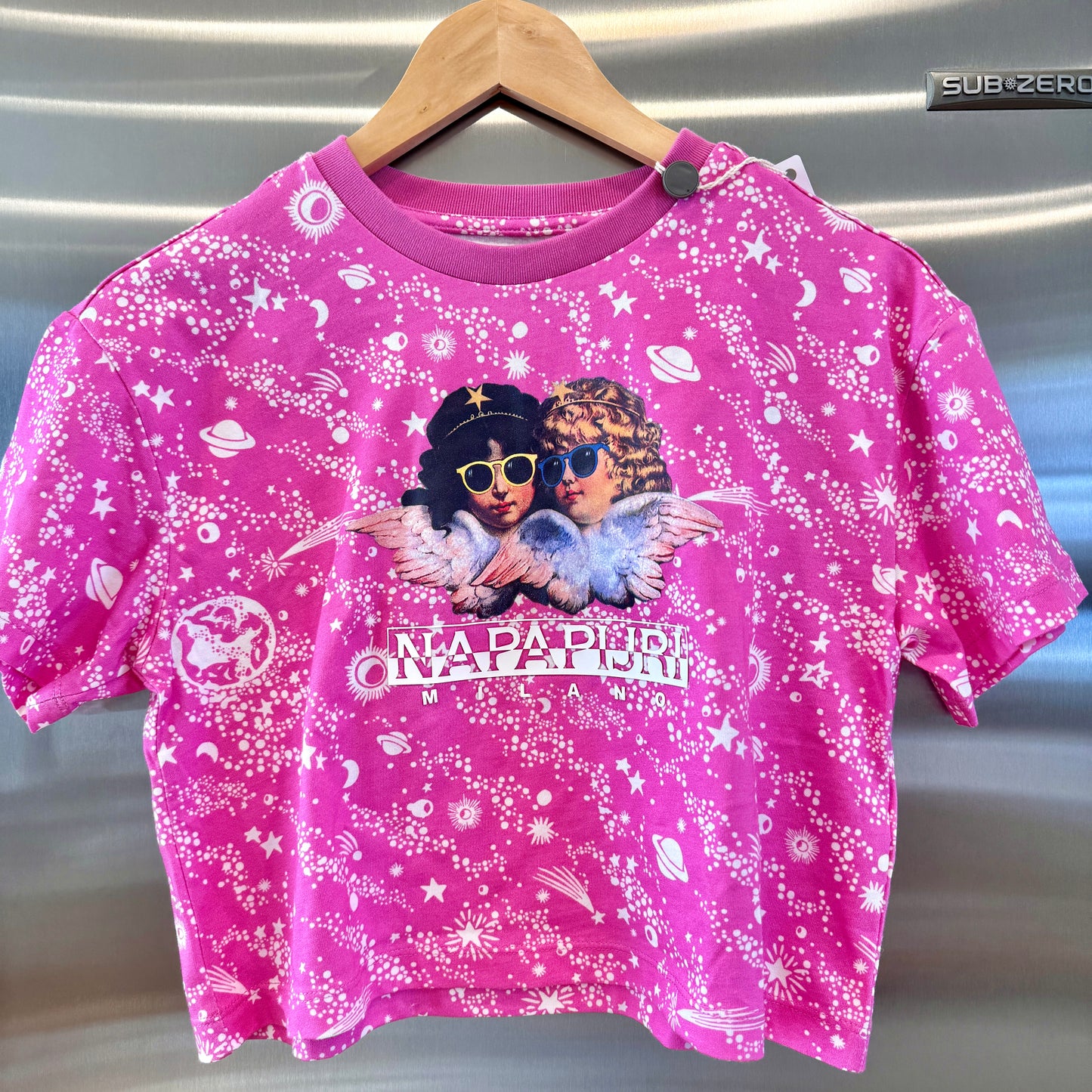 Fiorucci Napapijri Pink Logo Cropped Top Collab Shirt Galaxy Stars Cupids