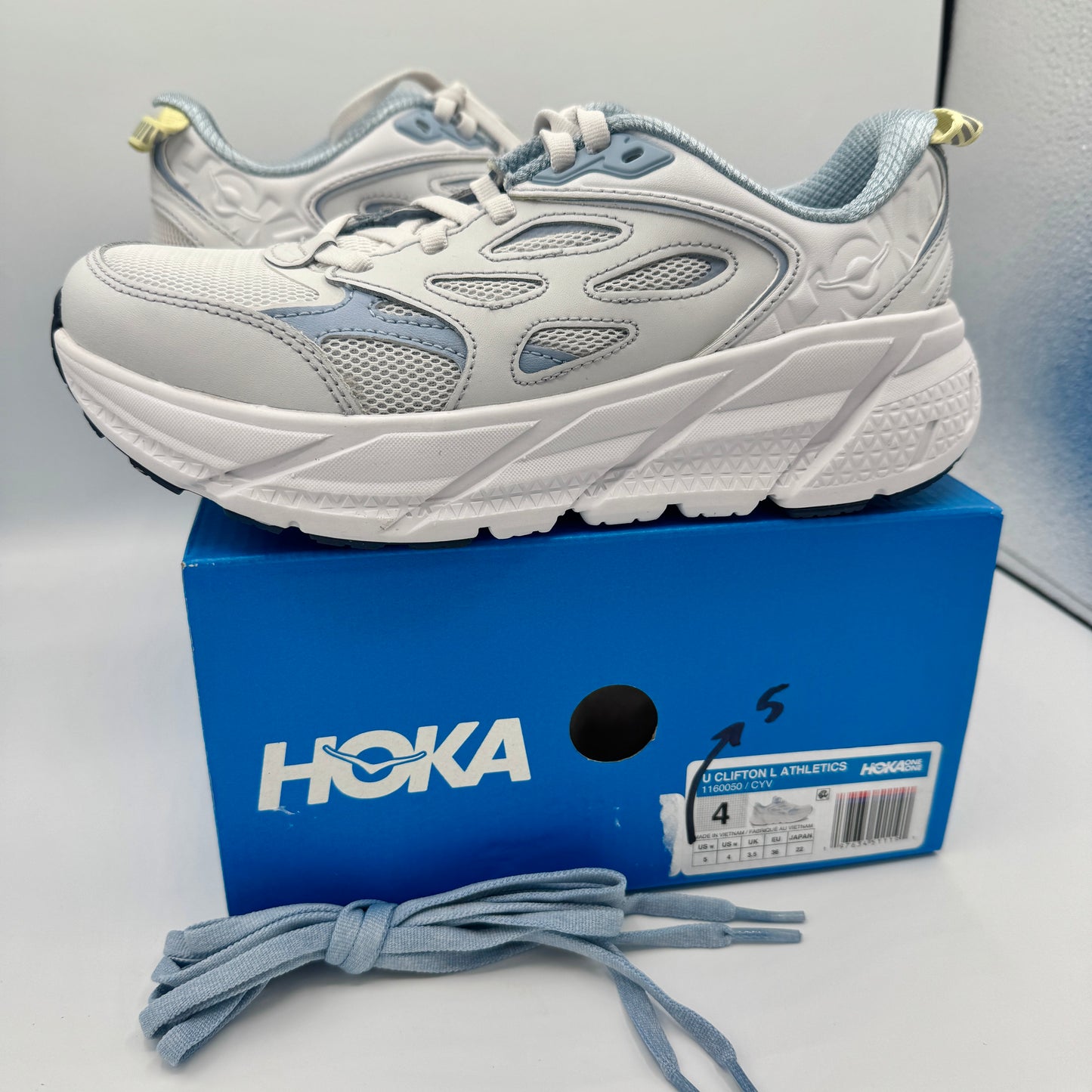 Hoka Clifton L Leather in Cosmic Grey / Varsity Navy Blue Unisex All Gender