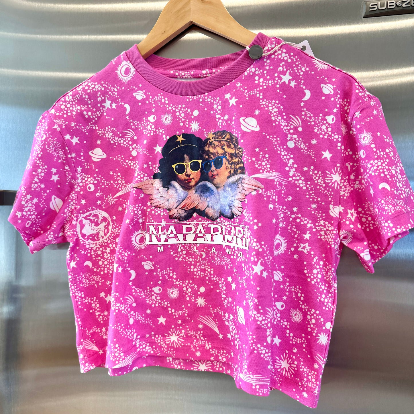 Fiorucci Napapijri Pink Logo Cropped Top Collab Shirt Galaxy Stars Cupids
