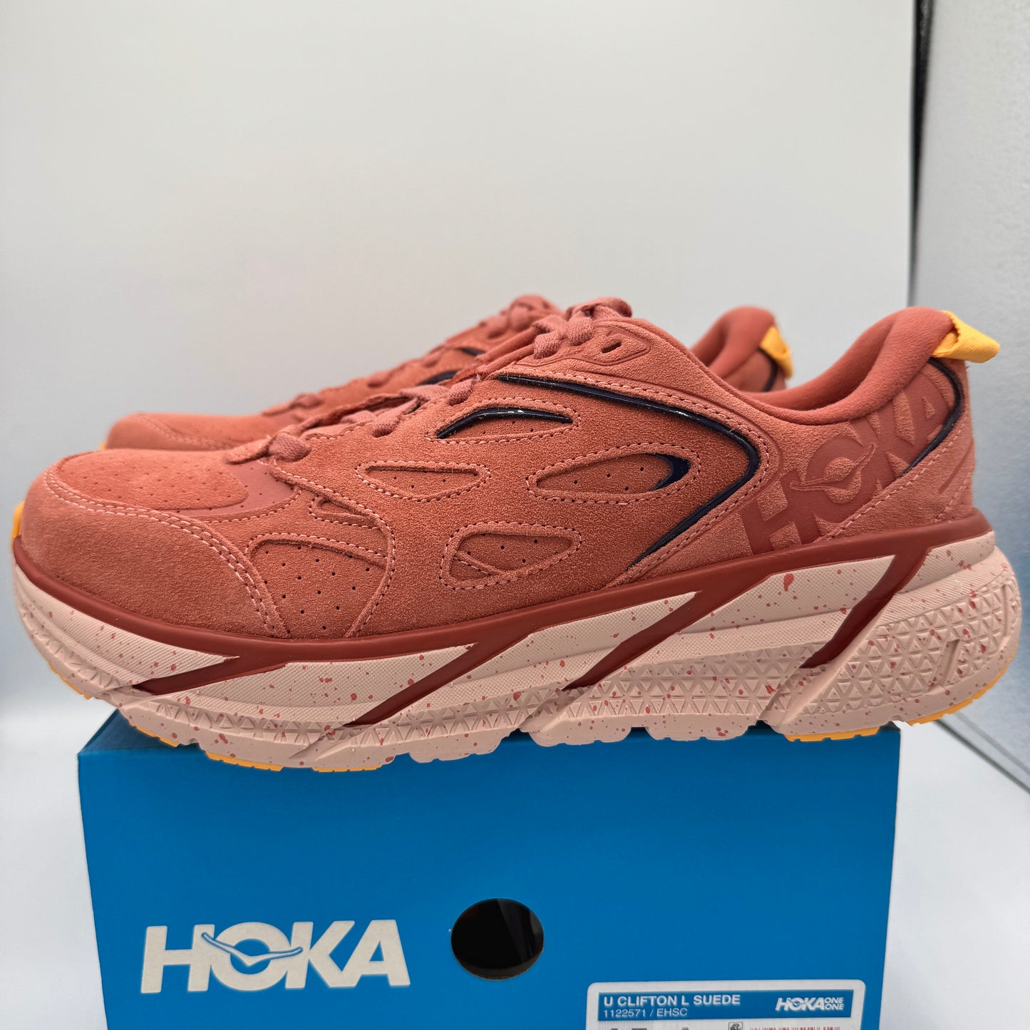 Hoka Clifton L Suede in Earthenware/ Hot Sauce Red Unisex Leather Sneakers