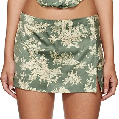 Miaou Mini Skirt in Moss Toile Green Micro Skirt with Slit