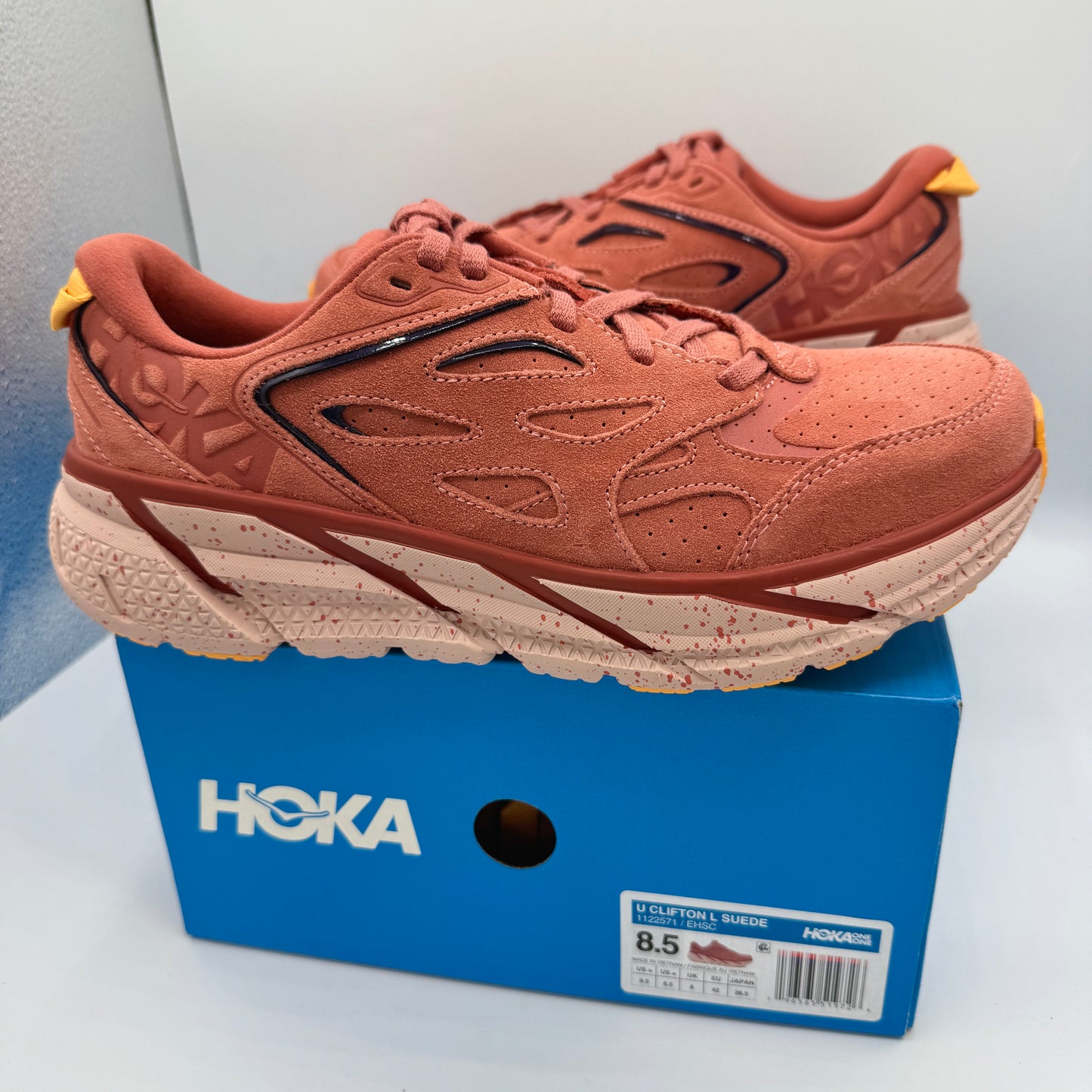 Hoka Clifton L Suede in Earthenware/ Hot Sauce Red Unisex Leather Sneakers