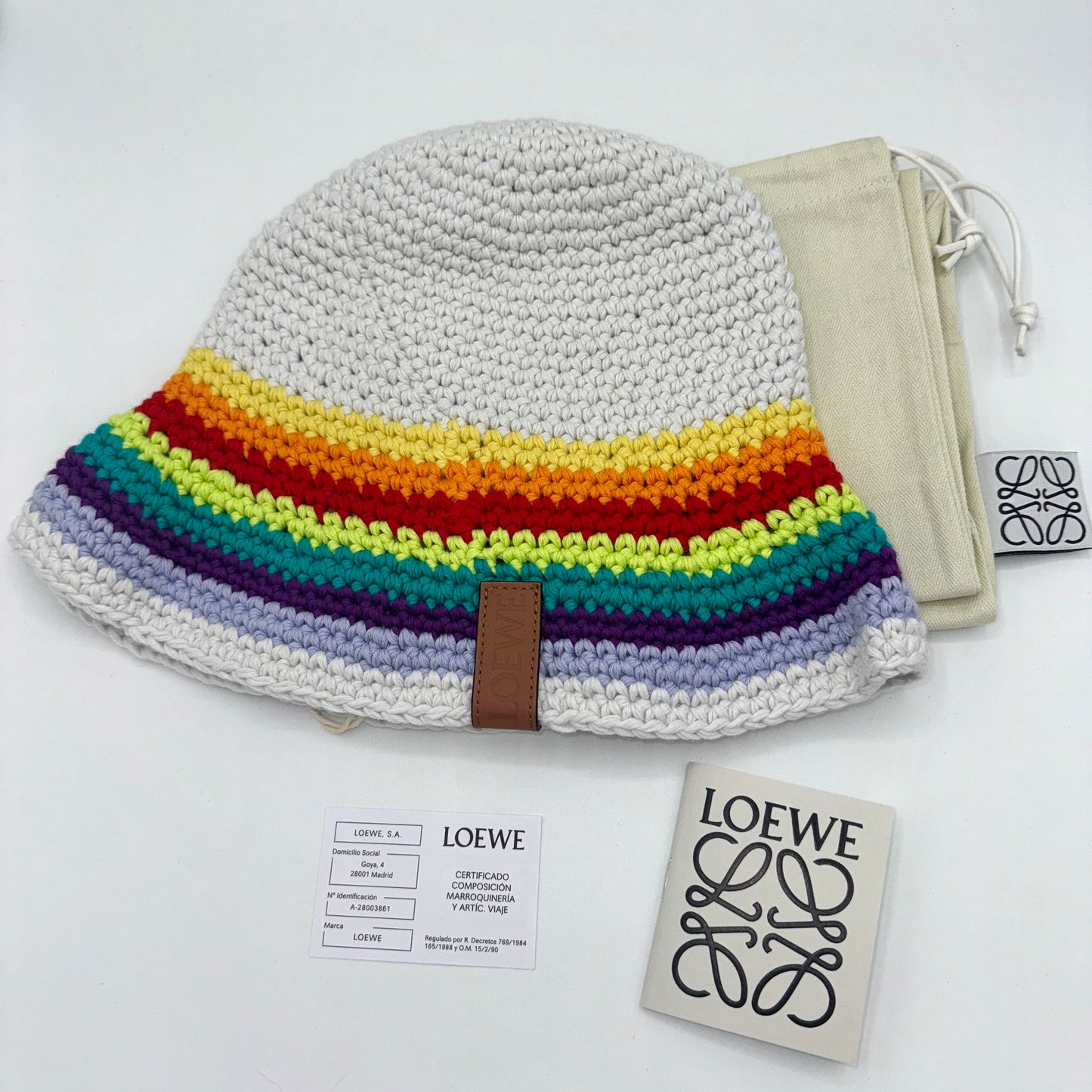 Loewe Hat Crochet Cotton Multicolor with embossed calfskin leather logo NEW