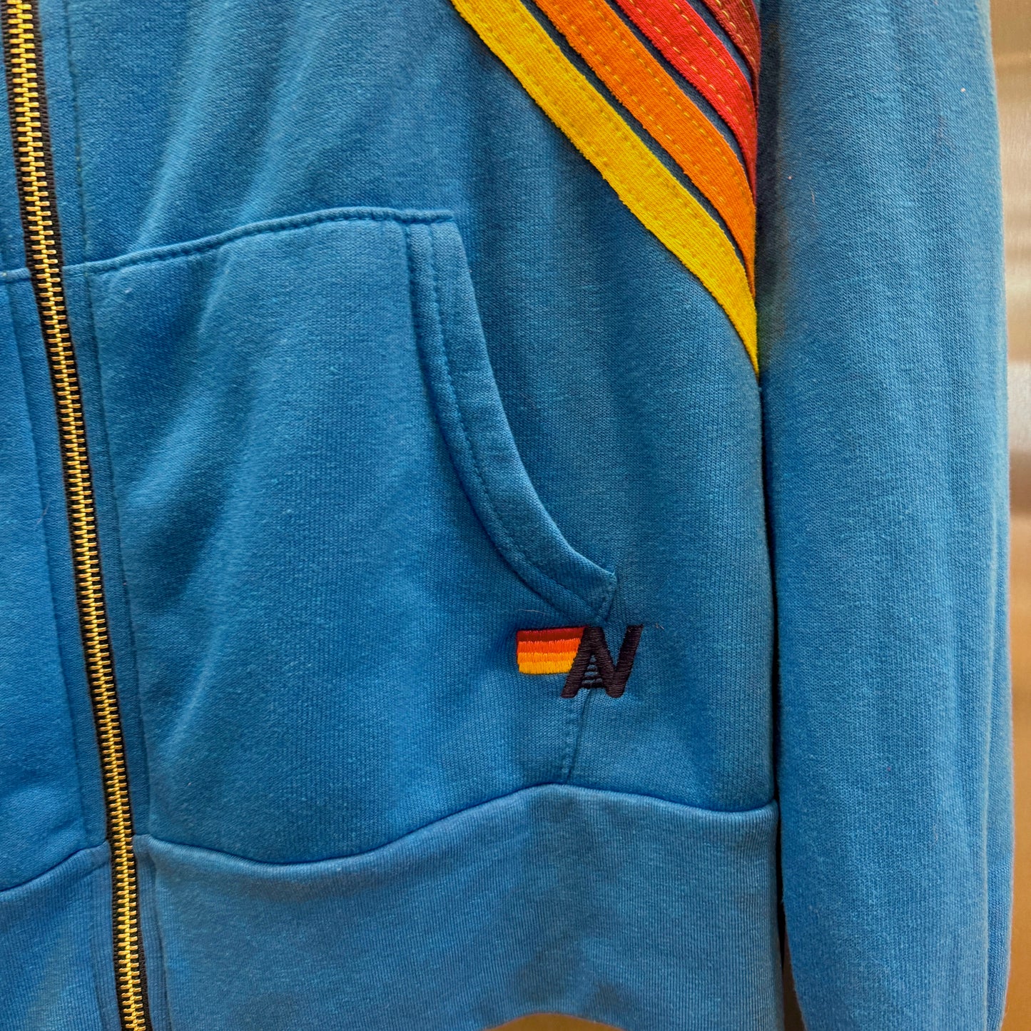 Aviator Nation Mountain Stitch Chevron 4 Stripe Hoodie Jacket Ocean Blue