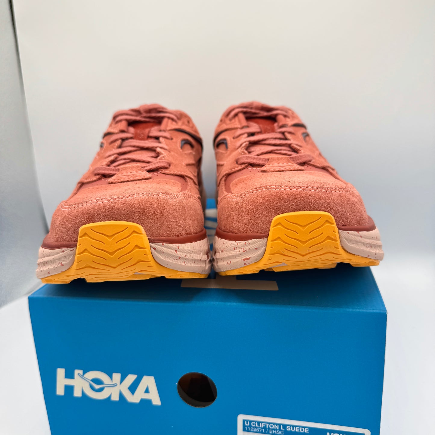 Hoka Clifton L Suede in Earthenware/ Hot Sauce Red Unisex Leather Sneakers