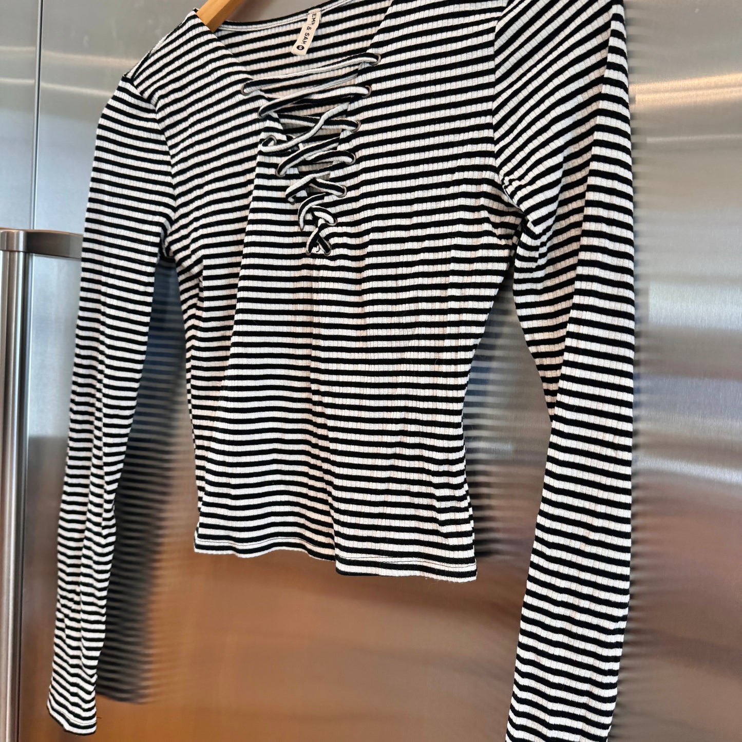 LF Emma and Sam Black White Striped Ribbed Long Sleeve Top with lace up front * Pre-owned Like NEW
