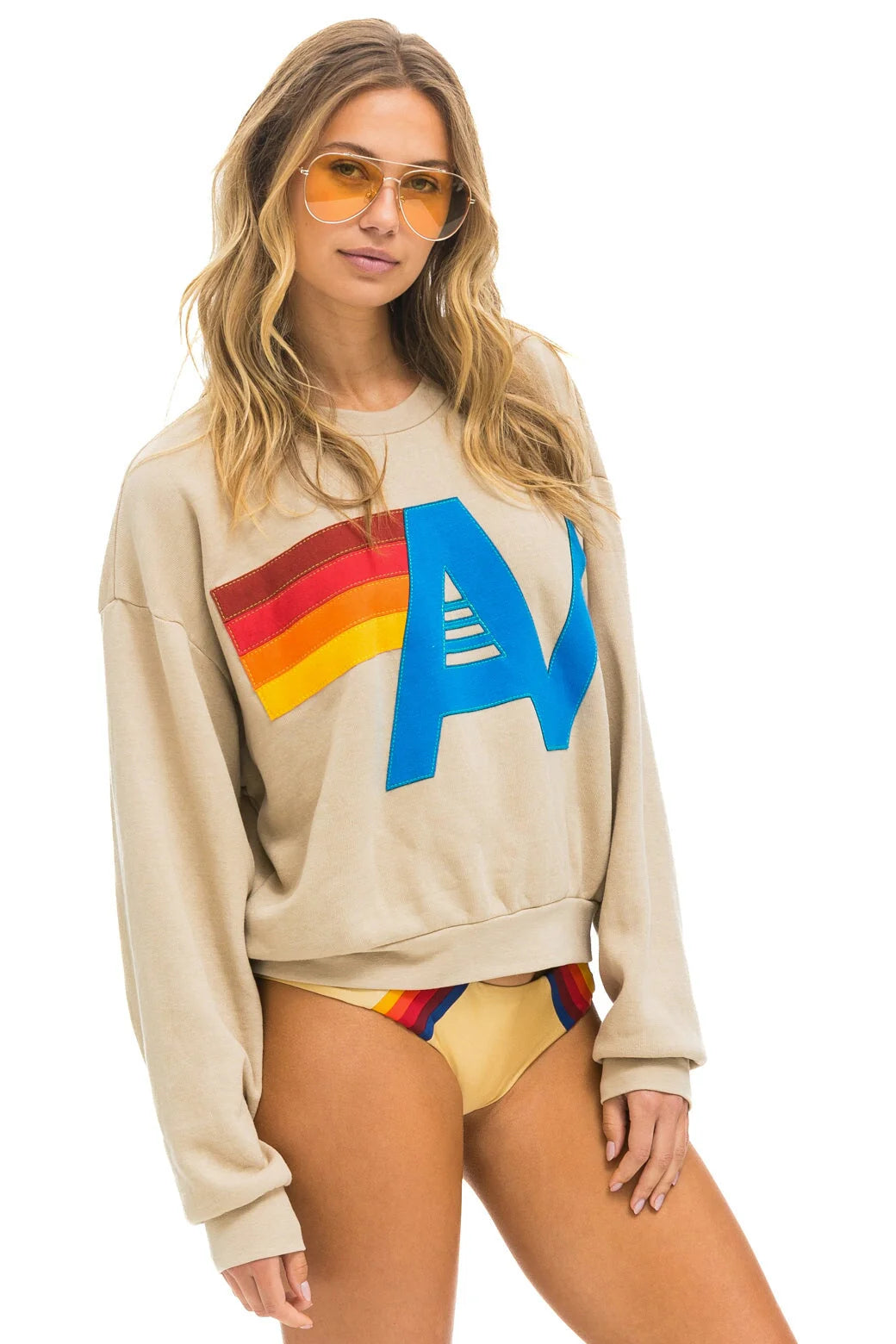 Aviator Nation Beige Crewneck Sweatshirt Embroidered Stitched Logo