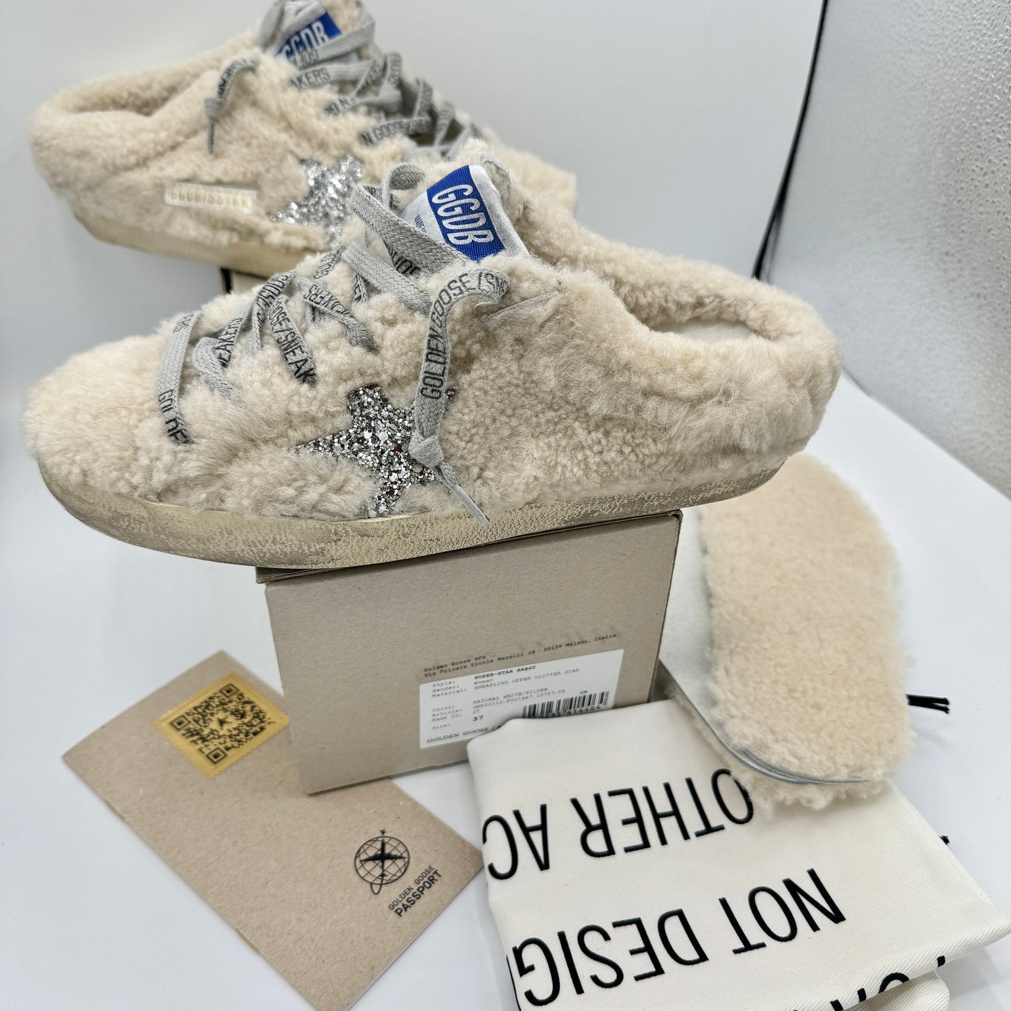 Golden Goose Superstar Sabot Shearling Glitter Sneaker Mule Natural / Silver