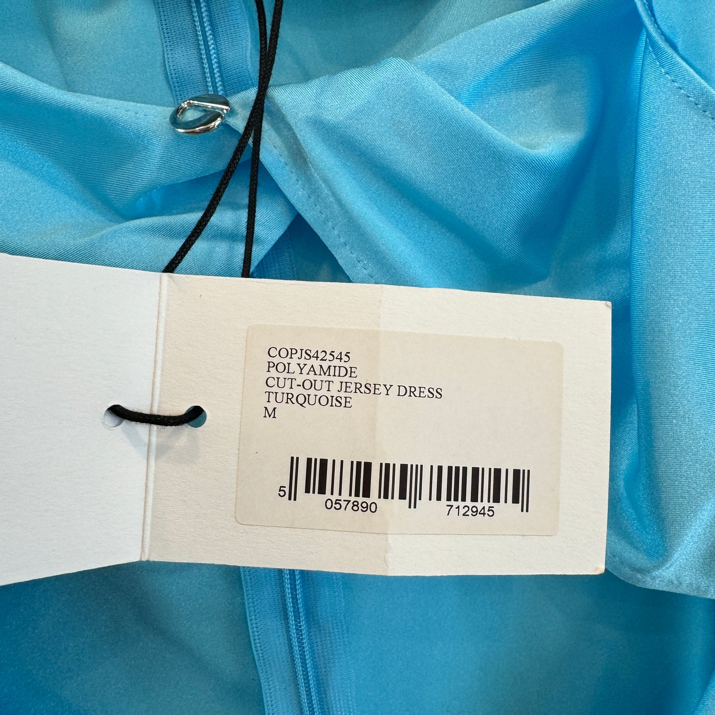 Coperni cutout mini dress jersey turquoise blue body con long sleeve