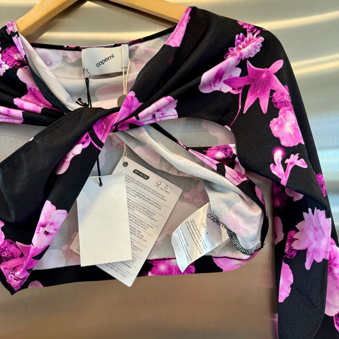 Coperni Twist Cutout Cropped Draped Top Long Sleeve Crop in Black / Pink Flowers