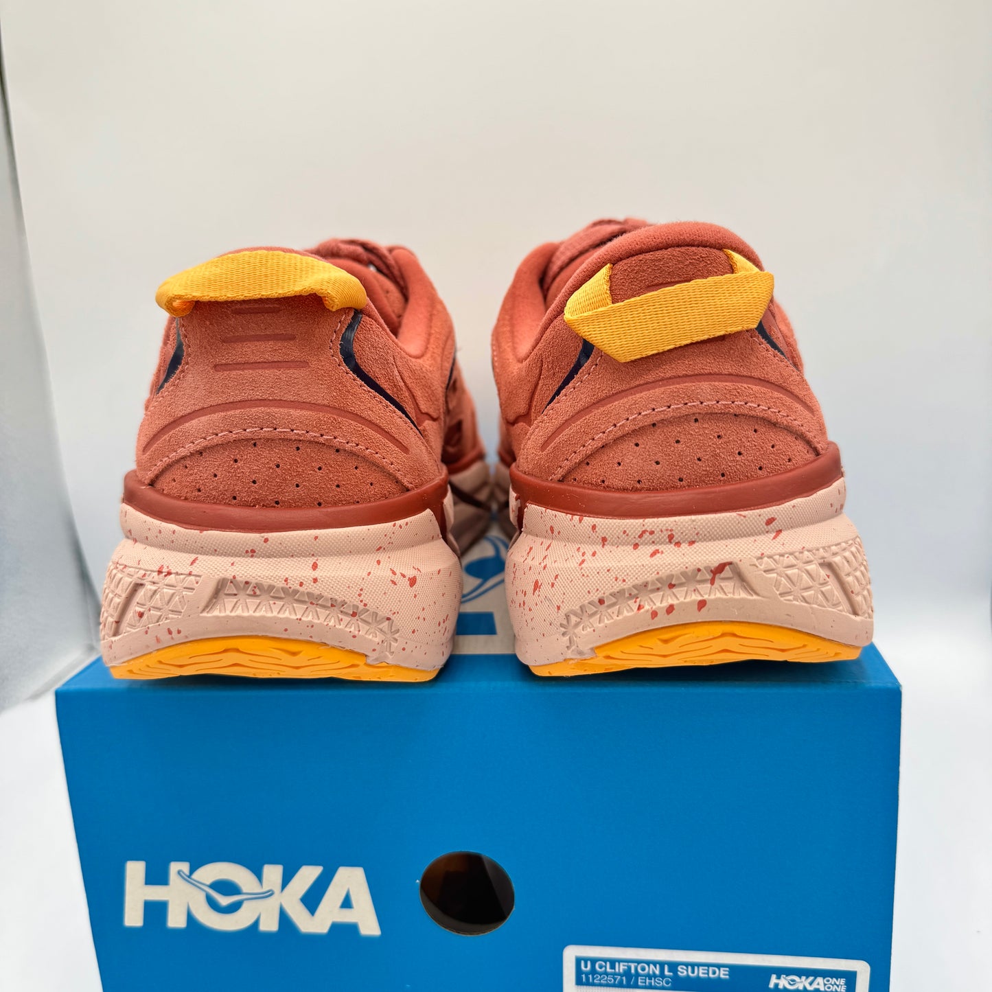 Hoka Clifton L Suede in Earthenware/ Hot Sauce Red Unisex Leather Sneakers