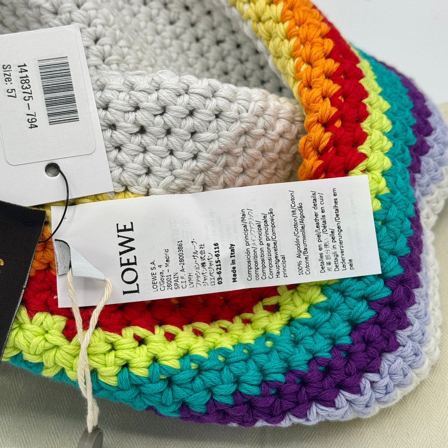 Loewe Hat Crochet Cotton Multicolor with embossed calfskin leather logo NEW