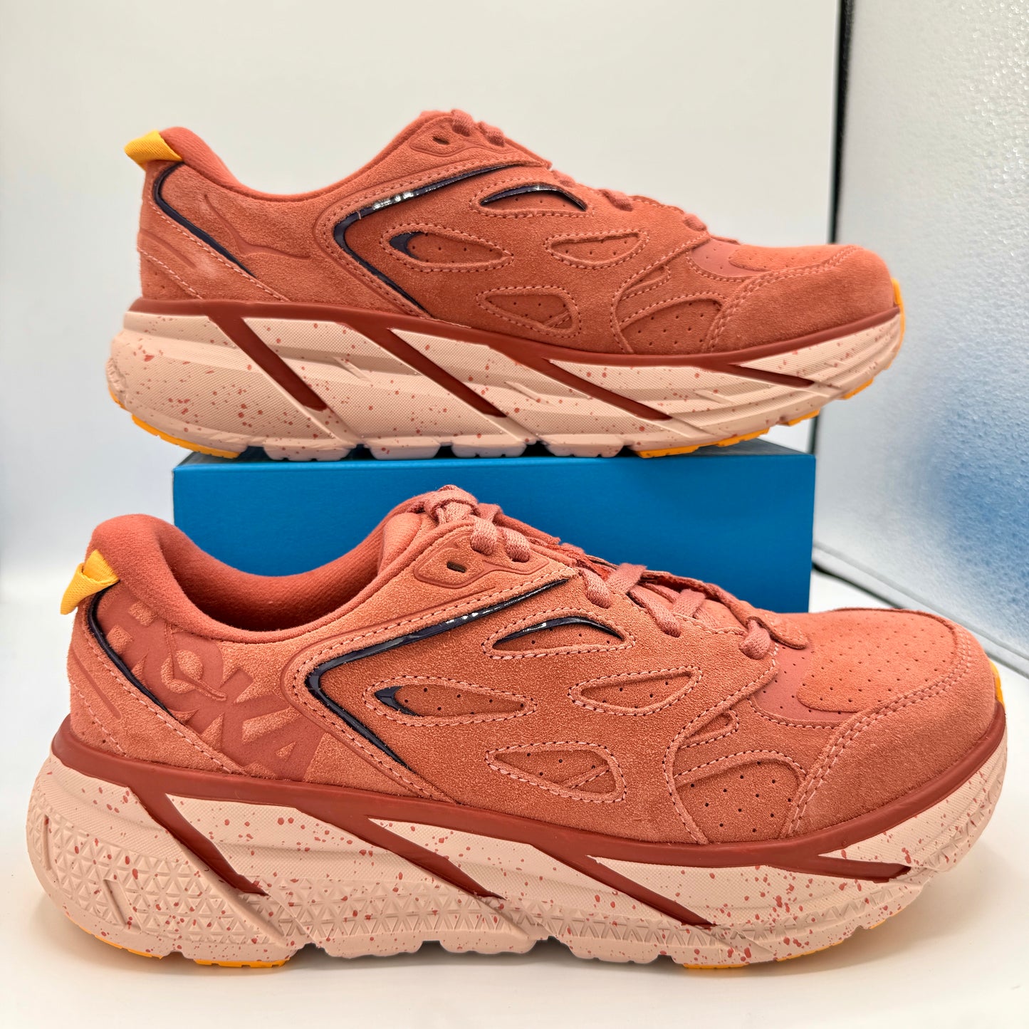 Hoka Clifton L Suede in Earthenware/ Hot Sauce Red Unisex Leather Sneakers
